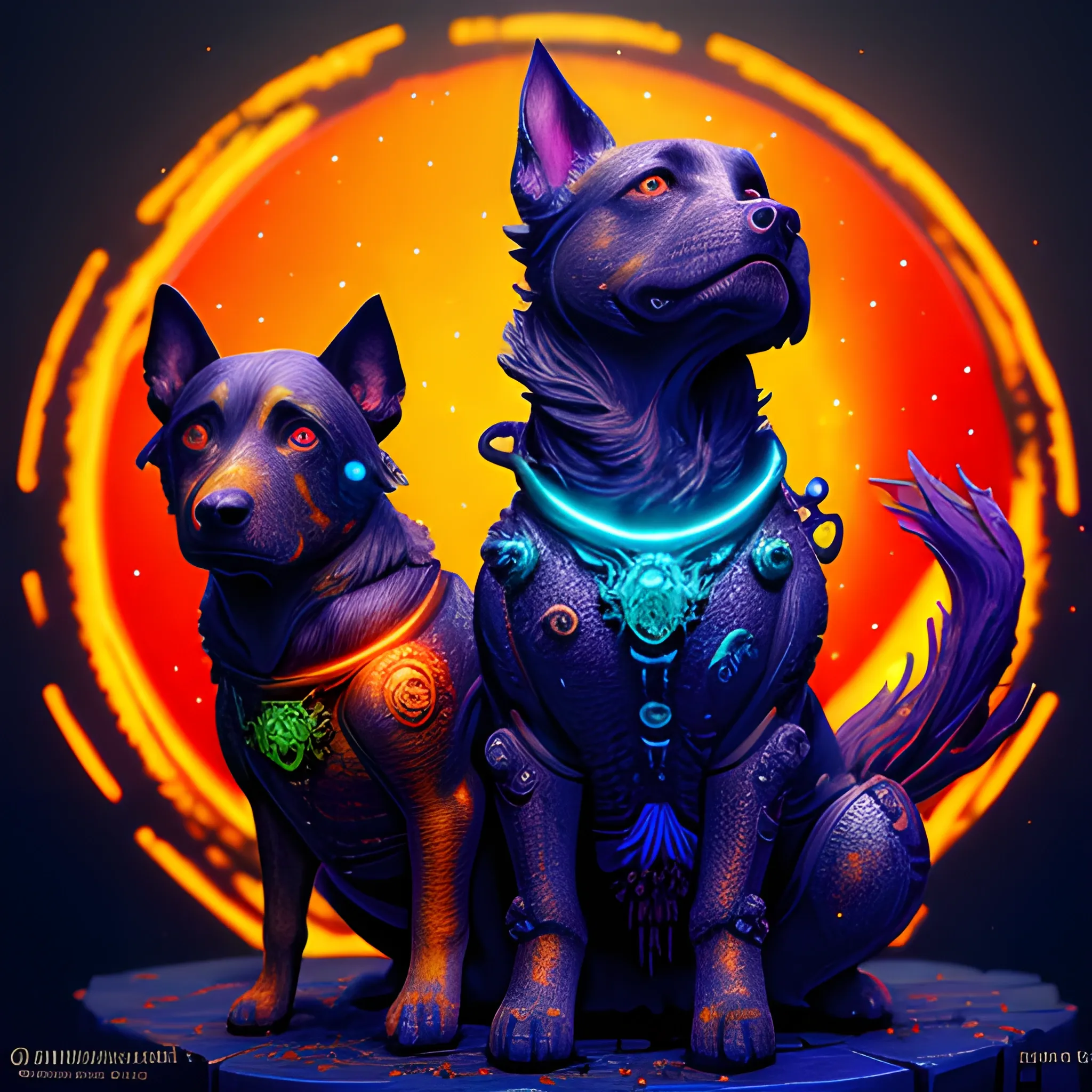 fire dogs, hell dogs, 3 dogs in fire, luminous colorful sparkles ...