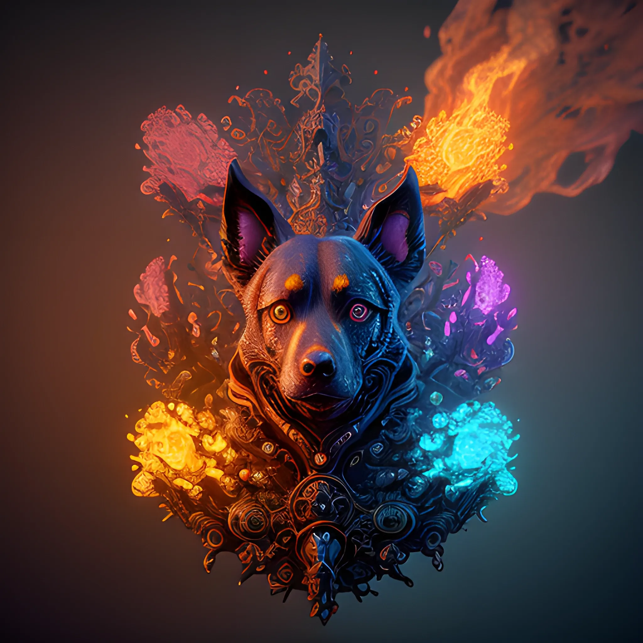 fire dogs, hell dogs, 3 dogs in fire, luminous colorful sparkle ...