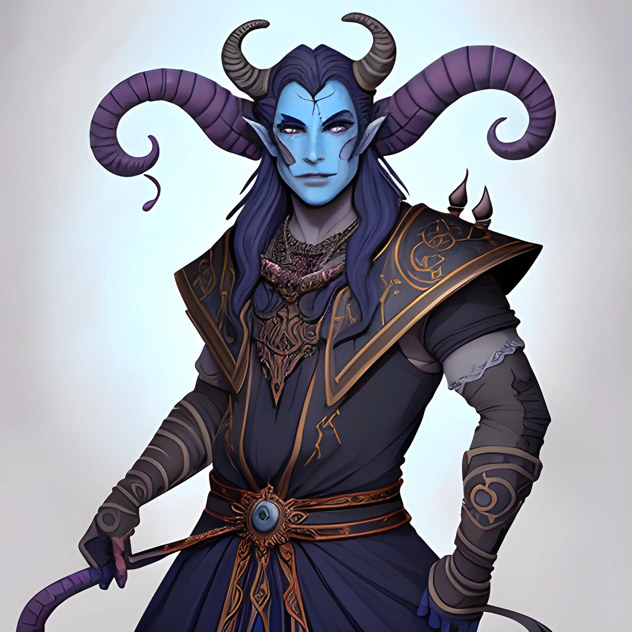 Dibuja un Tiefling hechicero con una presencia sobrenatural y una estética misteriosa. Su figura es esbelta y elegante, con rasgos faciales finos que realzan su belleza infernal. El cabello largo y ondulado fluye en tonos oscuros de azul, como la noche estrellada, con mechas sutiles de gris humo.

La piel del Tiefling tiene un matiz pálido, casi etéreo, y está decorada con patrones sutiles que brillan como runas arcanas en azul profundo. Sus ojos, de un color gris acero, resplandecen con una intensidad mágica, revelando la conexión con su herencia infernal.

Viste una túnica ajustada en tonos de gris tormenta, con detalles intrincados que emulan llamas azules danzantes. Un manto fluye a su alrededor, envuelto en sombras vaporosas que crean una atmósfera mística a su paso.

En una mano, sostiene una varita con detalles delicados, mientras que la otra descansa sobre un libro de hechizos adornado con símbolos arcanos. El suelo a sus pies está cubierto por niebla azulada, sugiriendo la presencia constante de energías mágicas.

El fondo está envuelto en sombras etéreas, con toques de azul intenso que iluminan el entorno. La atmósfera general es de magia, gracia y misterio, con una paleta de colores dominada por grises profundos y tonos azulados, creando un retrato fascinante de este Tiefling hechicero.