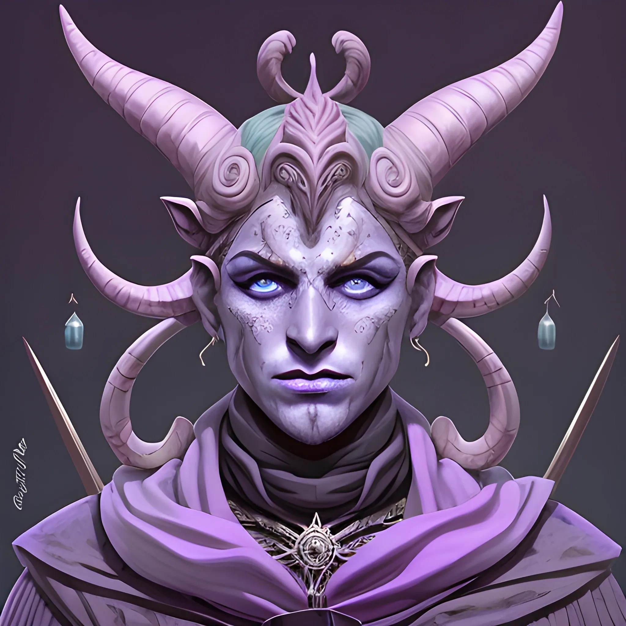 Dibuja un Tiefling hechicero con una presencia sobrenatural y una estética misteriosa. Su figura es esbelta y elegante, con rasgos faciales finos que realzan su belleza infernal. El cabello largo y ondulado fluye en tonos oscuros de azul, como la noche estrellada, con mechas sutiles de gris humo.

La piel del Tiefling tiene un matiz pálido, casi etéreo, y está decorada con patrones sutiles que brillan como runas arcanas en azul profundo. Sus ojos, de un color gris acero, resplandecen con una intensidad mágica, revelando la conexión con su herencia infernal.

Viste una túnica ajustada en tonos de gris tormenta, con detalles intrincados que emulan llamas azules danzantes. Un manto fluye a su alrededor, envuelto en sombras vaporosas que crean una atmósfera mística a su paso.

En una mano, sostiene una varita con detalles delicados, mientras que la otra descansa sobre un libro de hechizos adornado con símbolos arcanos. El suelo a sus pies está cubierto por niebla azulada, sugiriendo la presencia constante de energías mágicas.

El fondo está envuelto en sombras etéreas, con toques de azul intenso que iluminan el entorno. La atmósfera general es de magia, gracia y misterio, con una paleta de colores dominada por grises profundos y tonos azulados, creando un retrato fascinante de este Tiefling hechicero., Trippy