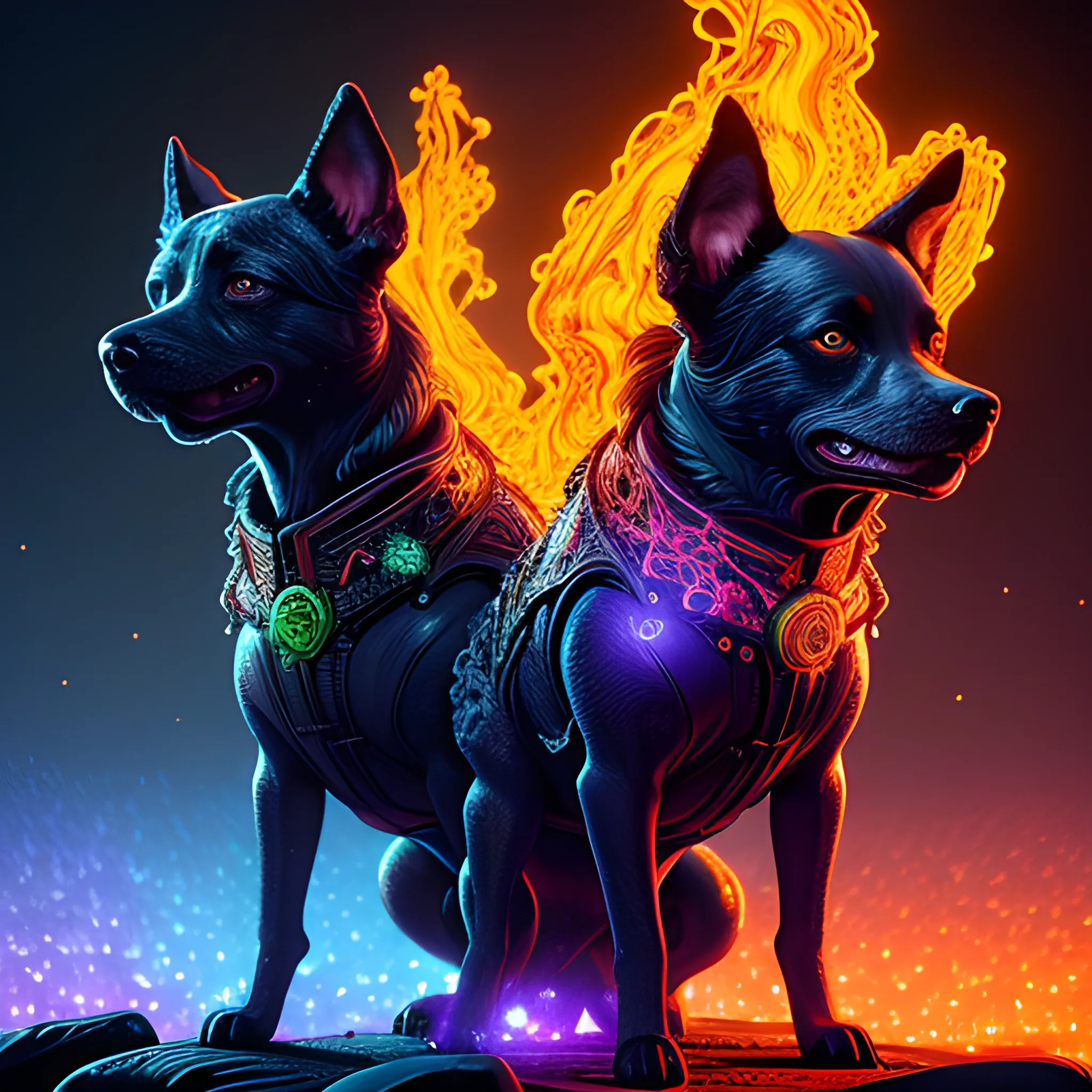  fire dogs, hell dogs, 3 dogs in fire, luminous colorful sparkles, ominous, eldritch, macabre, spooky; by James R. Eads, Gawki, rajewel, Tania Rivilis, Dan Mumford, glitter, airbrush, Octane Render, elegant, volumetric lighting, 16k; detailed matte painting, deep color, fantastical, intricate detail, splash screen, complementary colors, fantasy concept art, 8k resolution trending on Artstation Unreal Engine 5