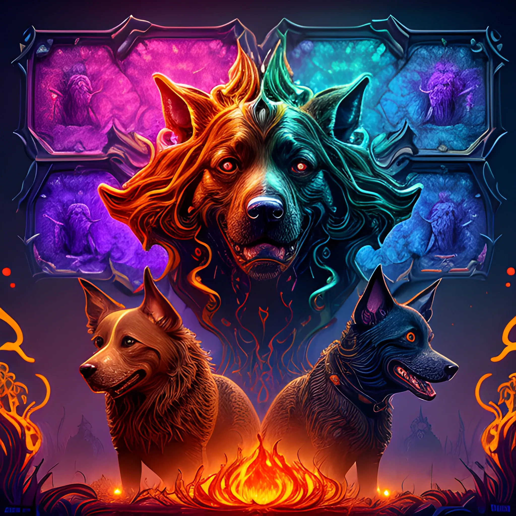  fire dogs, hell dogs, 3 dogs in fire, luminous colorful sparkles, ominous, eldritch, macabre, spooky; by James R. Eads, Gawki, rajewel, Tania Rivilis, Dan Mumford, glitter, airbrush, Octane Render, elegant, volumetric lighting, 16k; detailed matte painting, deep color, fantastical, intricate detail, splash screen, complementary colors, fantasy concept art, 8k resolution trending on Artstation Unreal Engine 5