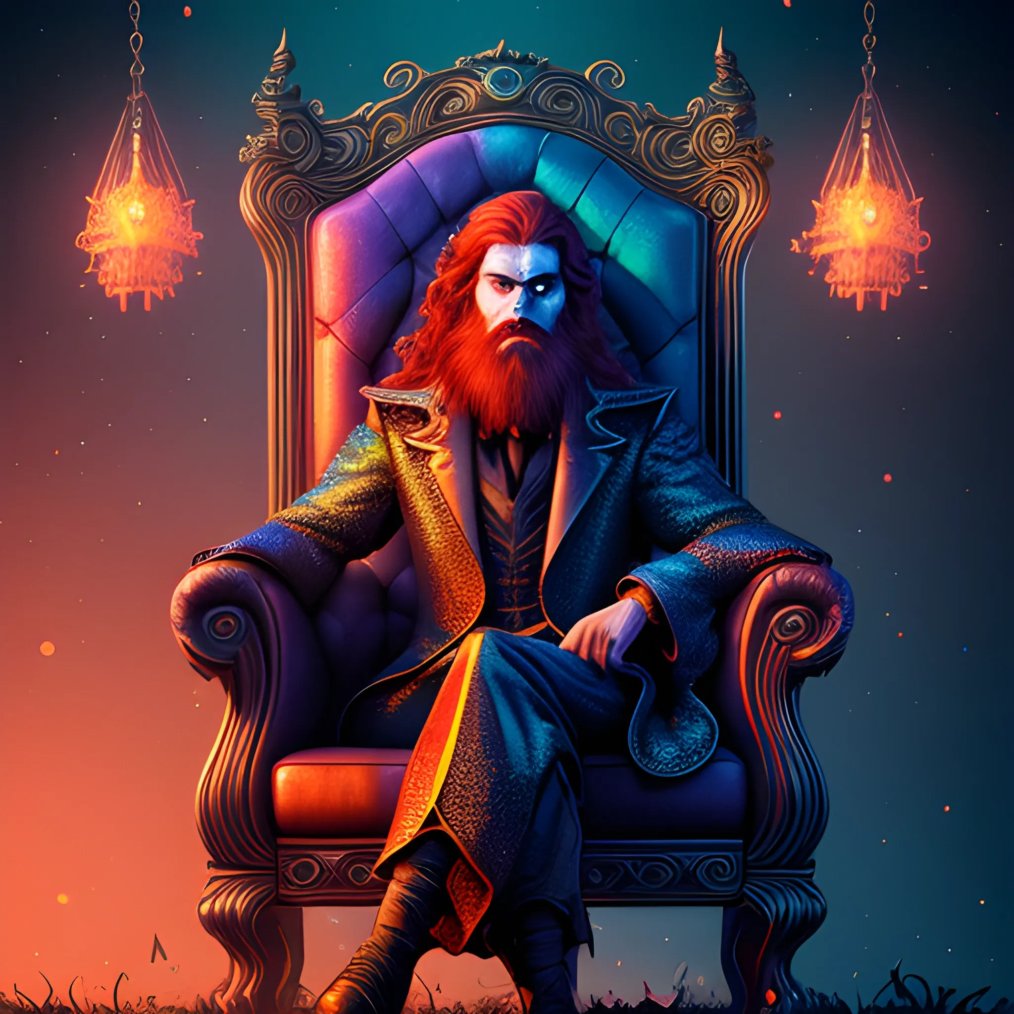 sitting in an armchair, long hair, beard, redhead, vilain, luminous colorful sparkles, ominous, eldritch, macabre, spooky; by James R. Eads, Gawki, rajewel, Tania Rivilis, Dan Mumford, glitter, airbrush, Octane Render, elegant, volumetric lighting, 16k; detailed matte painting, deep color, fantastical, intricate detail, splash screen, complementary colors, fantasy concept art, 8k resolution trending on Artstation Unreal Engine 5, 