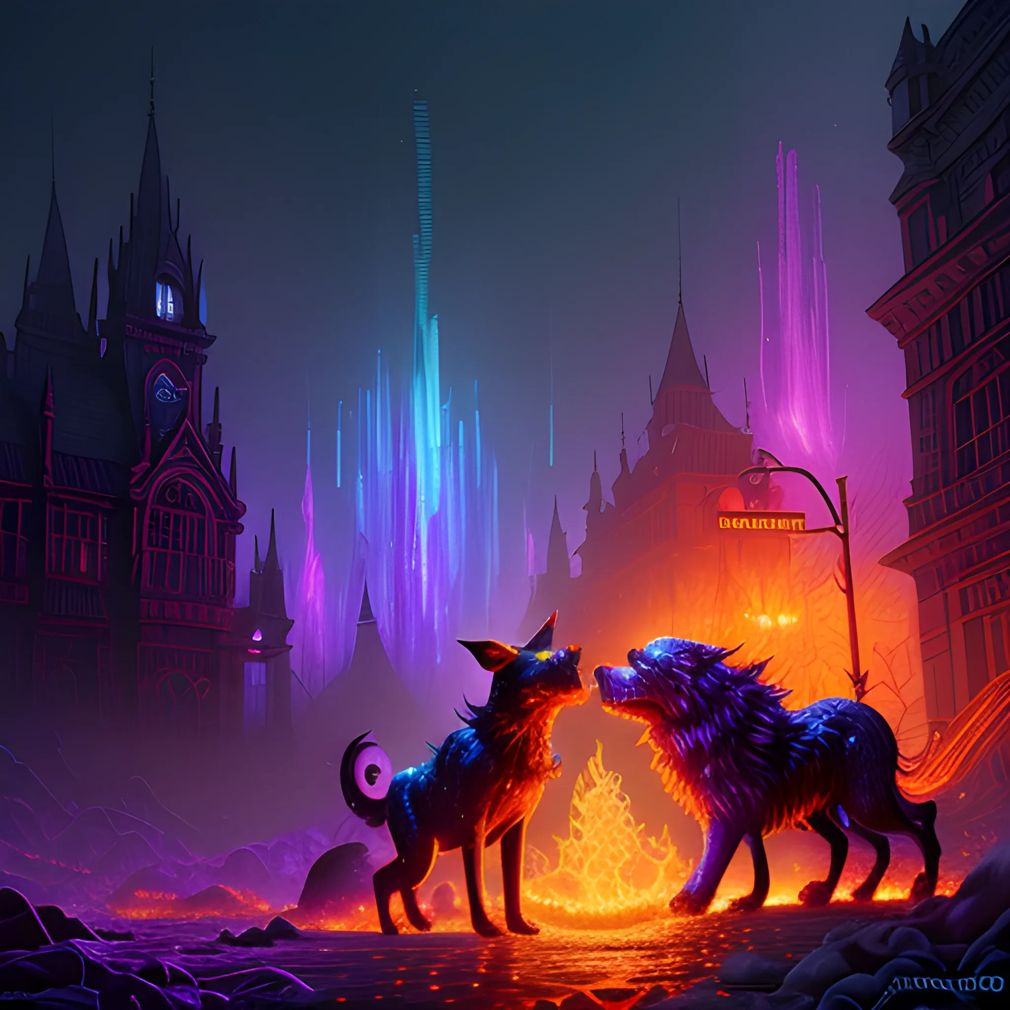  fire dogs, hell dogs, luminous colorful sparkles, ominous, eldritch, macabre, spooky; by James R. Eads, Gawki, rajewel, Tania Rivilis, Dan Mumford, glitter, airbrush, Octane Render, elegant, volumetric lighting, 16k; detailed matte painting, deep color, fantastical, intricate detail, splash screen, complementary colors, fantasy concept art, 8k resolution trending on Artstation Unreal Engine 5