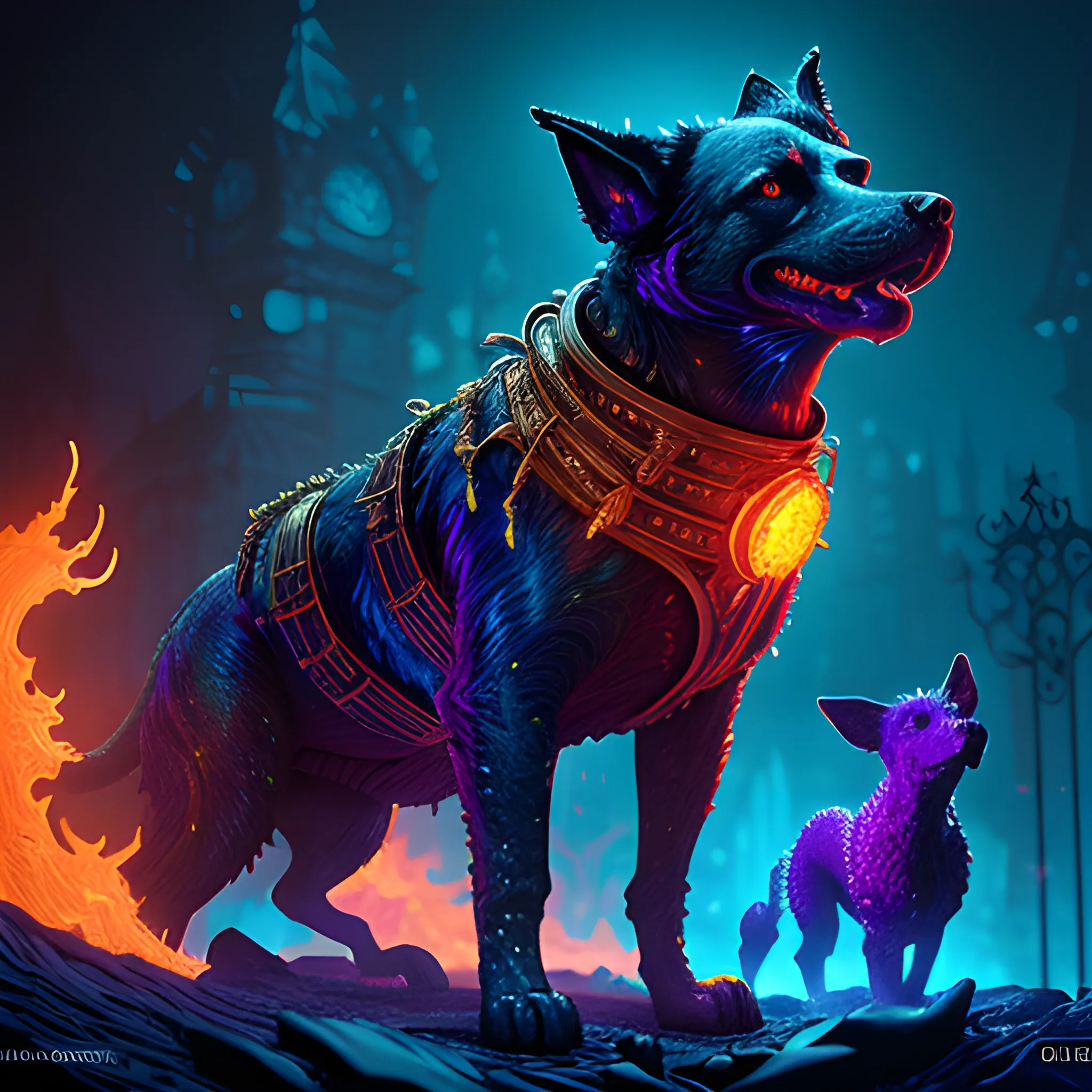 fire dogs, hell dog, luminous colorful sparkles, ominous, eldri ...