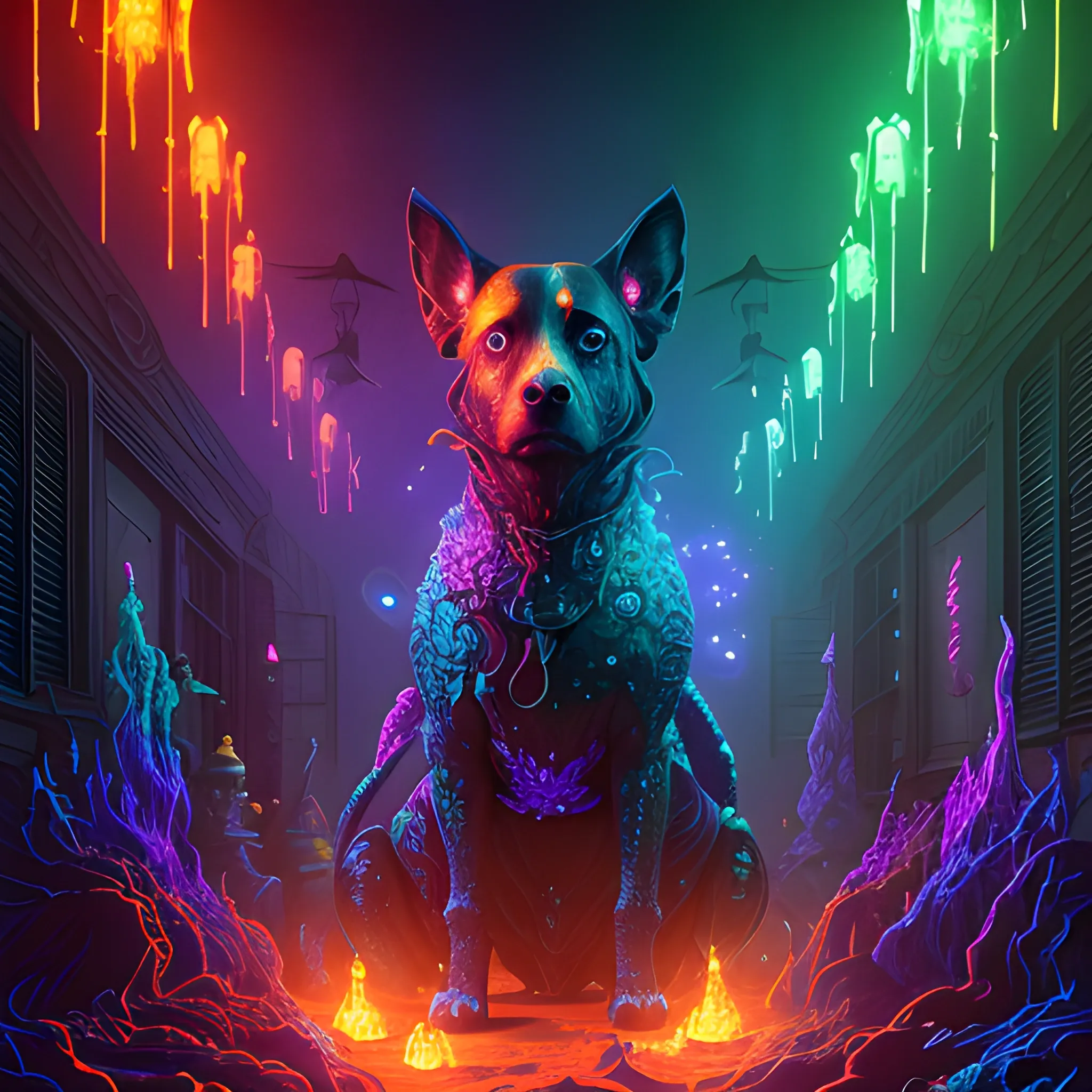  fire dogs, hell dog, luminous colorful sparkles, ominous, eldritch, macabre, spooky; by James R. Eads, Gawki, rajewel, Tania Rivilis, Dan Mumford, glitter, airbrush, Octane Render, elegant, volumetric lighting, 16k; detailed matte painting, deep color, fantastical, intricate detail, splash screen, complementary colors, fantasy concept art, 8k resolution trending on Artstation Unreal Engine 5