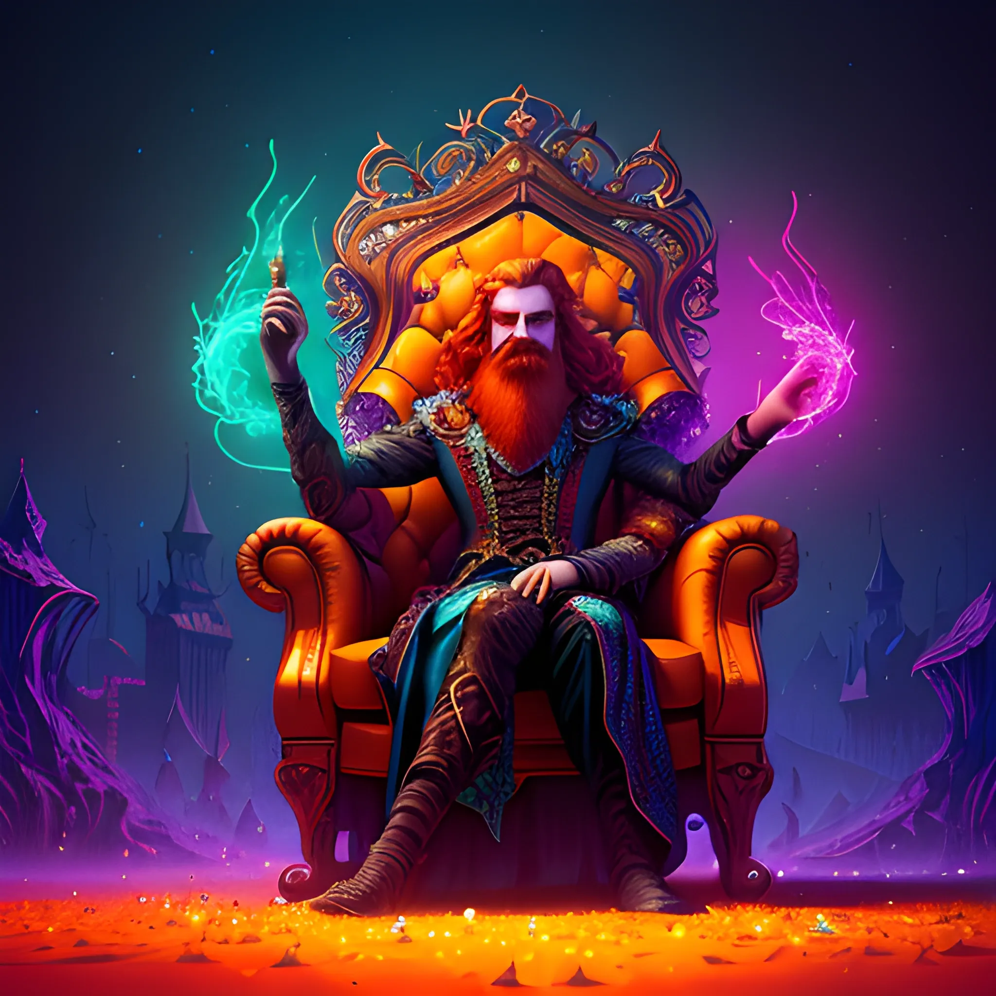 sitting in an armchair, long hair, beard, redhead, vilain, luminous colorful sparkles, ominous, eldritch, macabre, spooky; by James R. Eads, Gawki, rajewel, Tania Rivilis, Dan Mumford, glitter, airbrush, Octane Render, elegant, volumetric lighting, 16k; detailed matte painting, deep color, fantastical, intricate detail, splash screen, complementary colors, fantasy concept art, 8k resolution trending on Artstation Unreal Engine 5, 