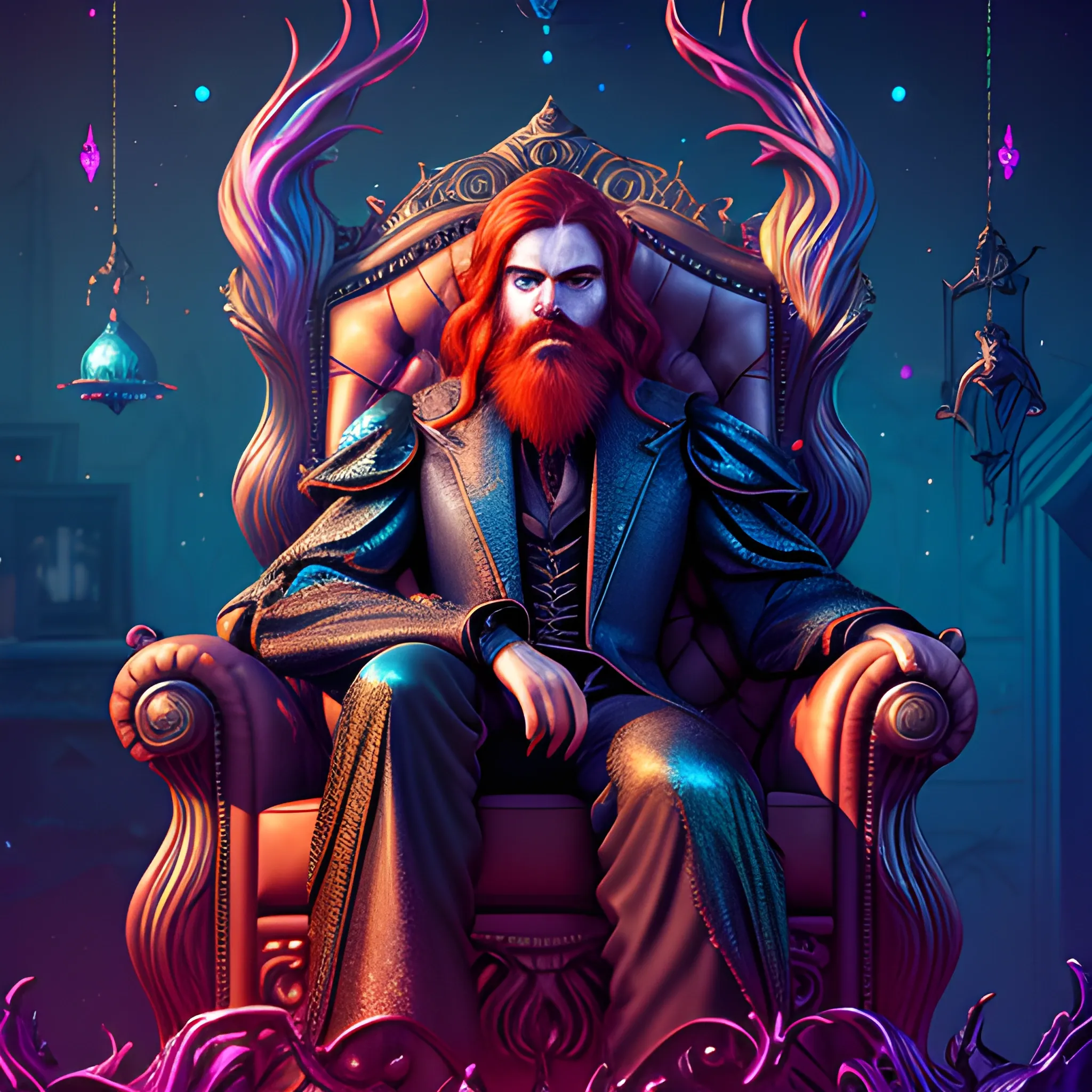 sitting in an armchair, long hair, beard, redhead, vilain, luminous colorful sparkles, ominous, eldritch, macabre, spooky; by James R. Eads, Gawki, rajewel, Tania Rivilis, Dan Mumford, glitter, airbrush, Octane Render, elegant, volumetric lighting, 16k; detailed matte painting, deep color, fantastical, intricate detail, splash screen, complementary colors, fantasy concept art, 8k resolution trending on Artstation Unreal Engine 5, 