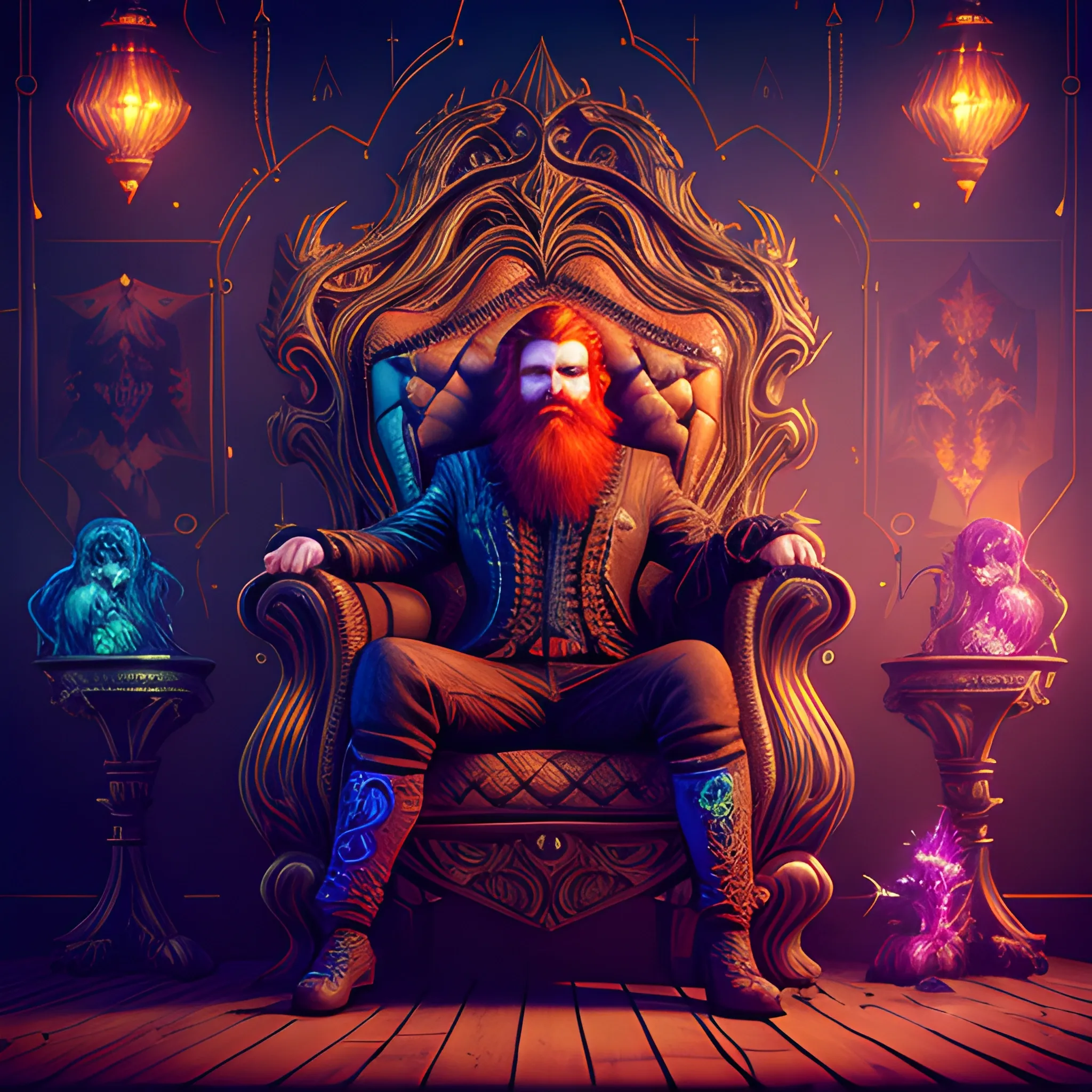 sitting in an armchair, long hair, beard, redhead, vilain, luminous colorful sparkles, ominous, eldritch, macabre, spooky; by James R. Eads, Gawki, rajewel, Tania Rivilis, Dan Mumford, glitter, airbrush, Octane Render, elegant, volumetric lighting, 16k; detailed matte painting, deep color, fantastical, intricate detail, splash screen, complementary colors, fantasy concept art, 8k resolution trending on Artstation Unreal Engine 5, 