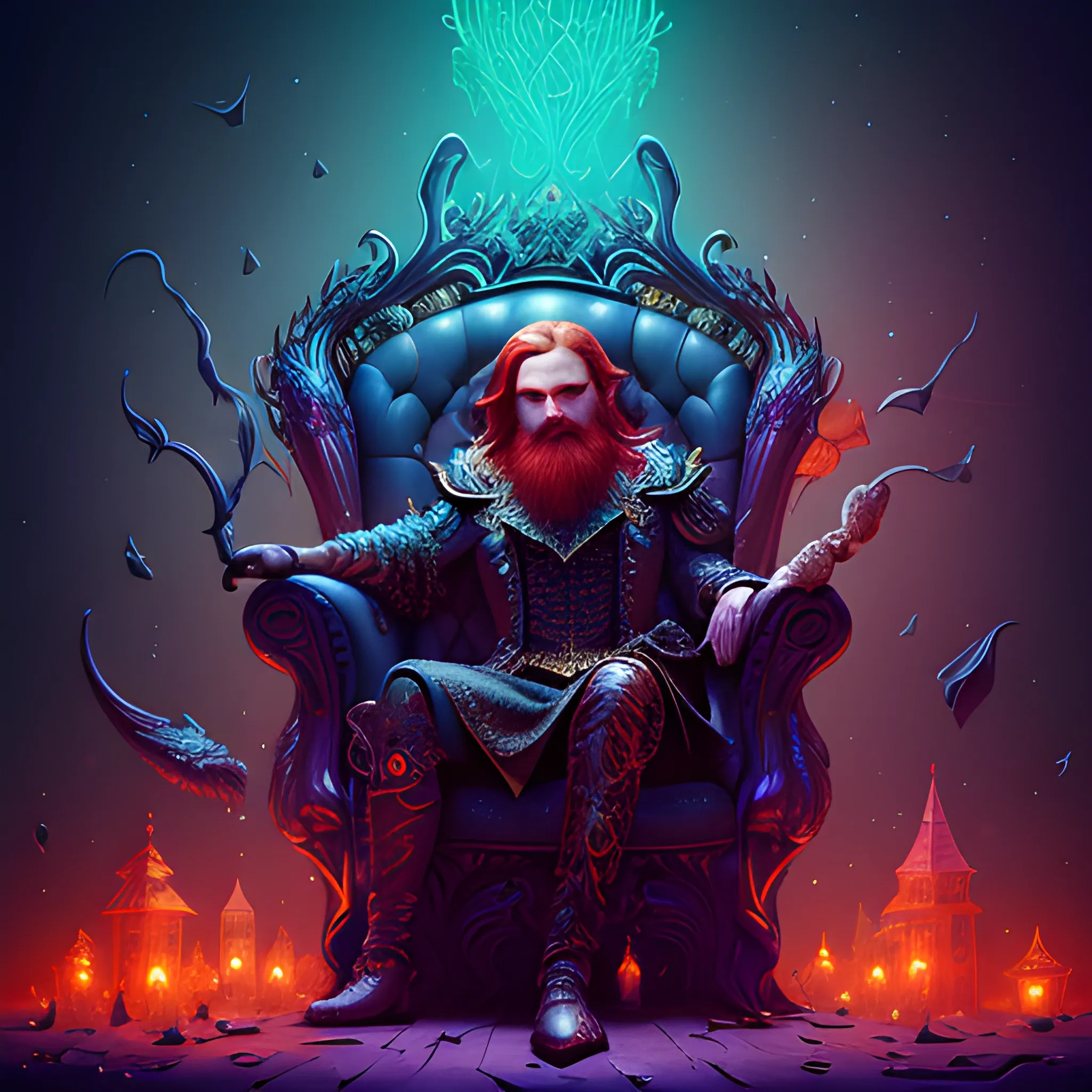 sitting in an armchair, long hair, beard, redhead, vilain, luminous colorful sparkles, ominous, eldritch, macabre, spooky; by James R. Eads, Gawki, rajewel, Tania Rivilis, Dan Mumford, glitter, airbrush, Octane Render, elegant, volumetric lighting, 16k; detailed matte painting, deep color, fantastical, intricate detail, splash screen, complementary colors, fantasy concept art, 8k resolution trending on Artstation Unreal Engine 5, 