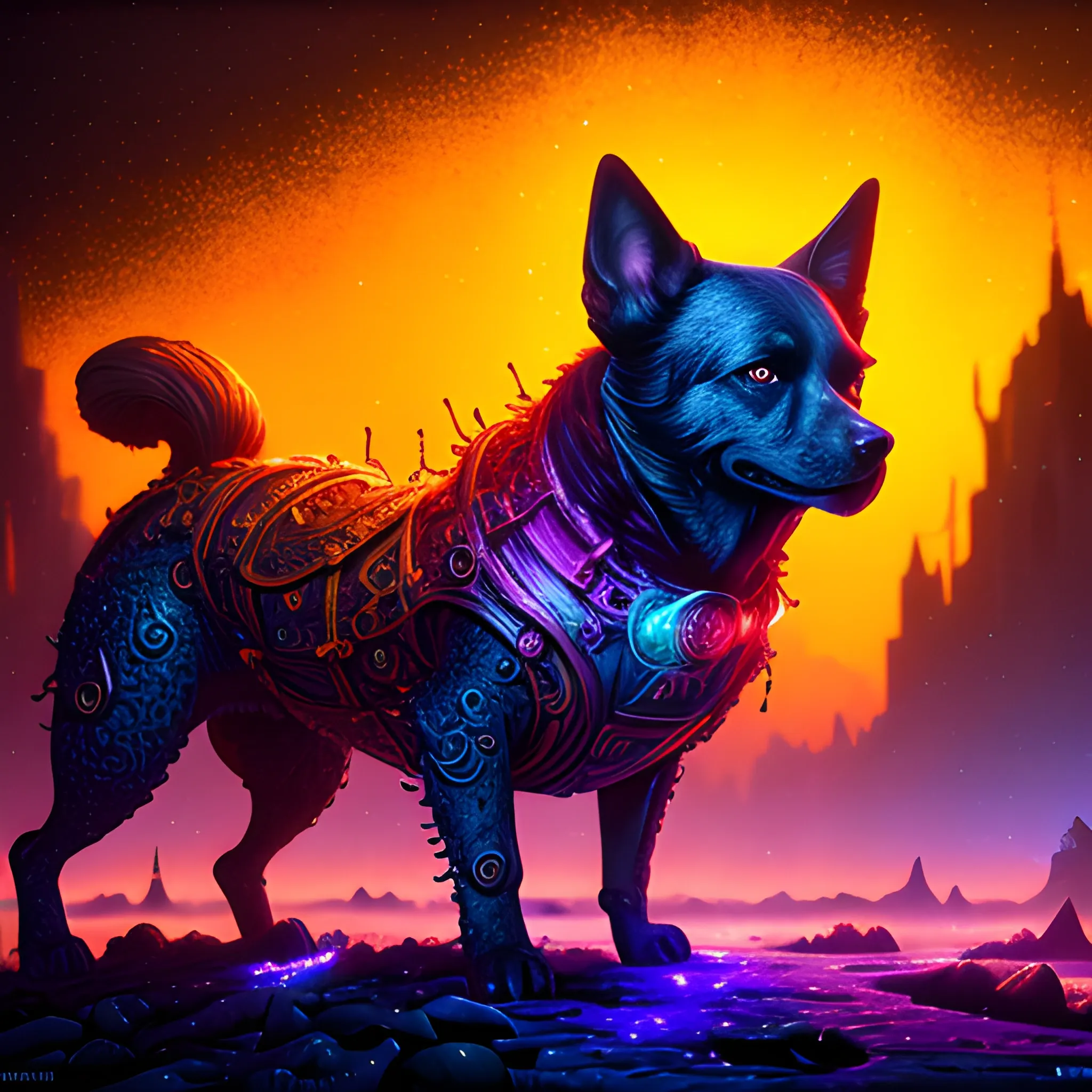 fire dogs, hell dog, luminous colorful sparkles, ominous, eldri ...