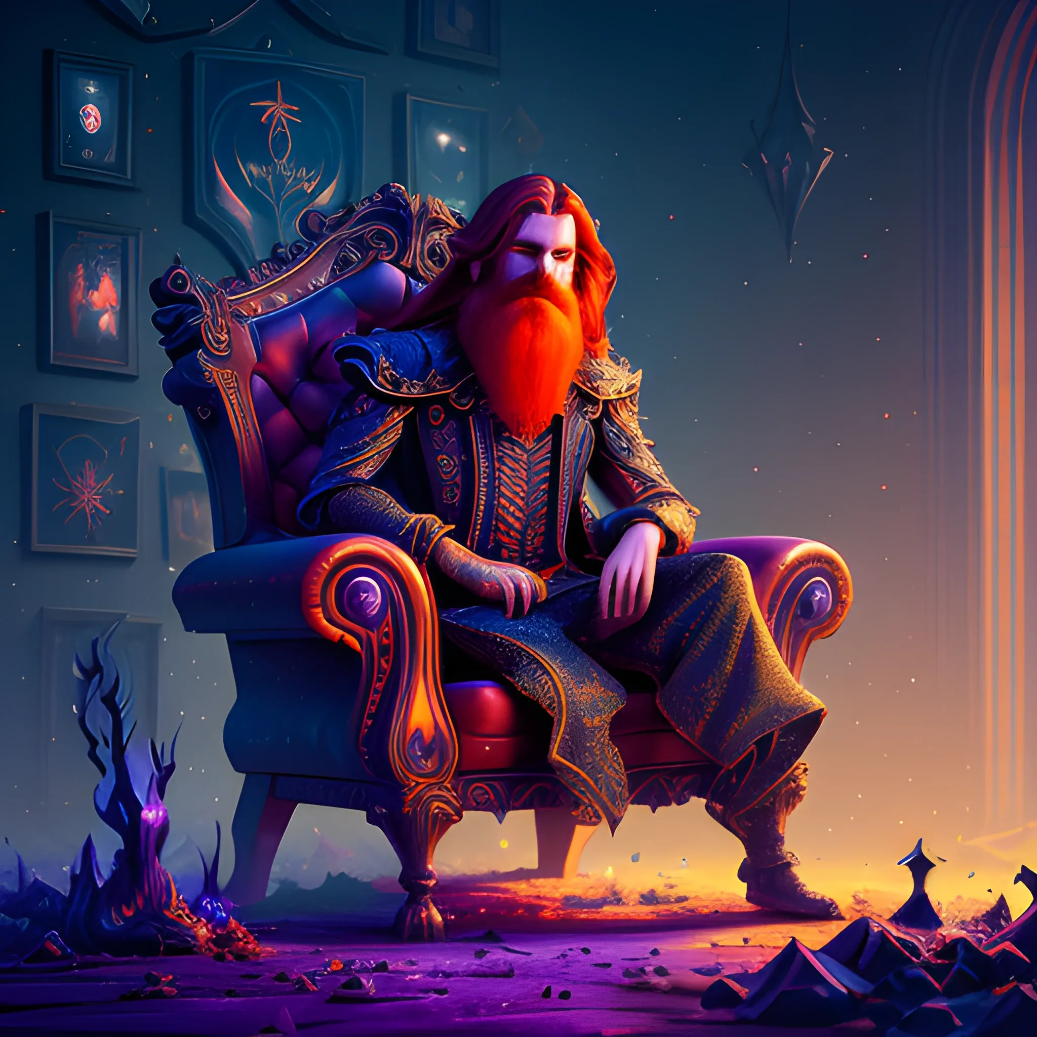 sitting in an armchair, long hair, beard, redhead, vilain, luminous colorful sparkles, ominous, eldritch, macabre, spooky; by James R. Eads, Gawki, rajewel, Tania Rivilis, Dan Mumford, glitter, airbrush, Octane Render, elegant, volumetric lighting, 16k; detailed matte painting, deep color, fantastical, intricate detail, splash screen, complementary colors, fantasy concept art, 8k resolution trending on Artstation Unreal Engine 5, 