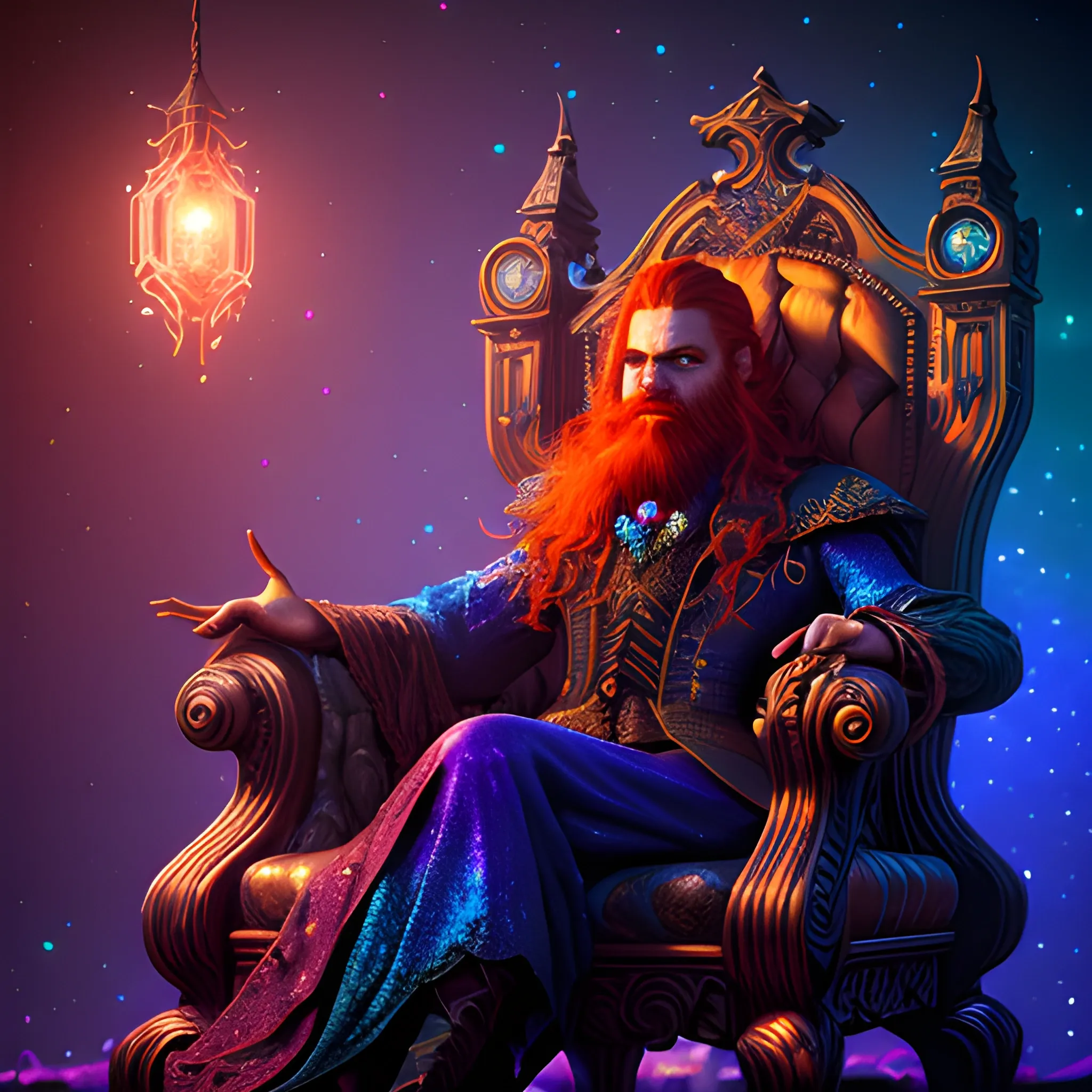 sitting in an armchair, long hair, beard, redhead, vilain, luminous colorful sparkles, ominous, eldritch, macabre, spooky; by James R. Eads, Gawki, rajewel, Tania Rivilis, Dan Mumford, glitter, airbrush, Octane Render, elegant, volumetric lighting, 16k; detailed matte painting, deep color, fantastical, intricate detail, splash screen, complementary colors, fantasy concept art, 8k resolution trending on Artstation Unreal Engine 5, 