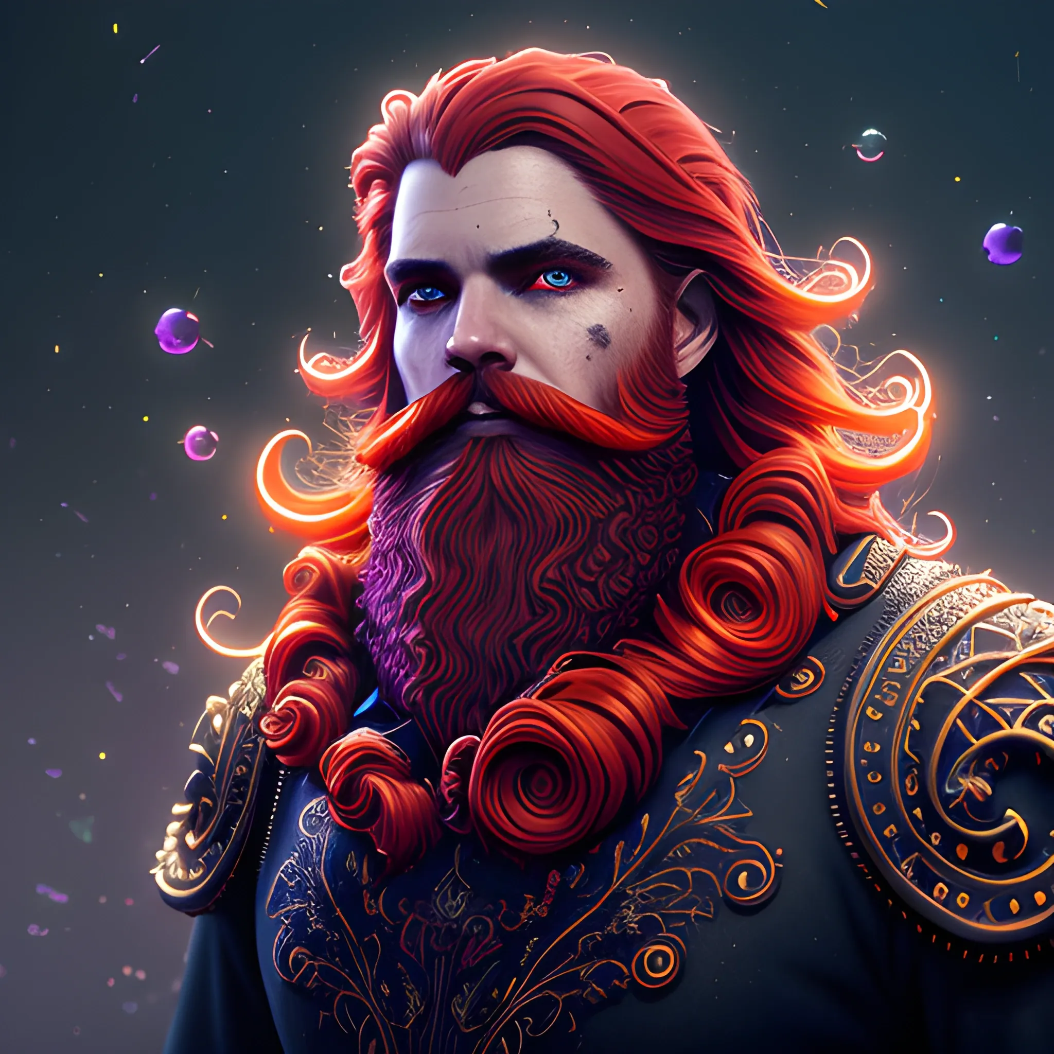 long hair, beard, redhead, vilain, luminous colorful sparkles, ominous, eldritch, macabre, spooky; by James R. Eads, Gawki, rajewel, Tania Rivilis, Dan Mumford, glitter, airbrush, Octane Render, elegant, volumetric lighting, 16k; detailed matte painting, deep color, fantastical, intricate detail, splash screen, complementary colors, fantasy concept art, 8k resolution trending on Artstation Unreal Engine 5, 