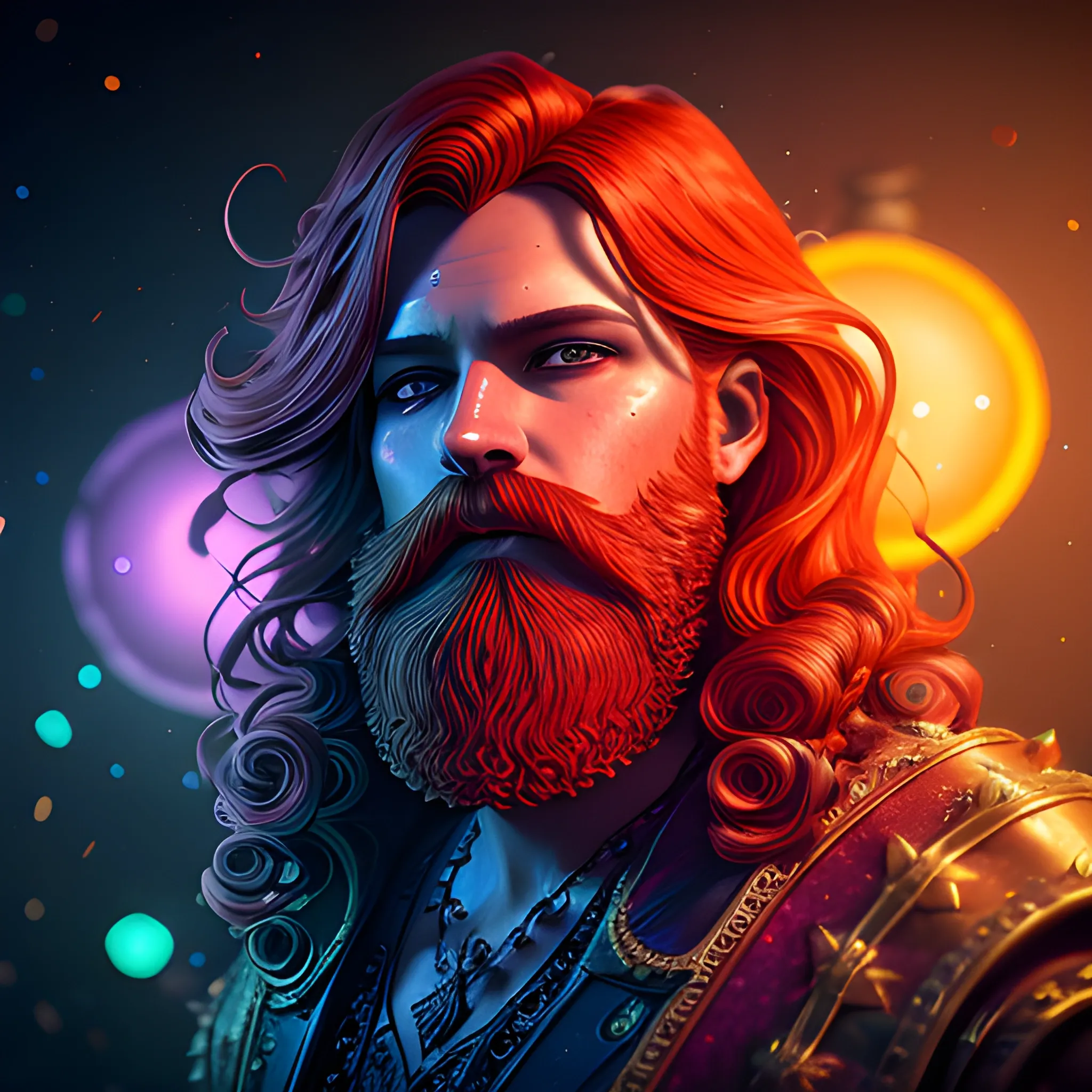 long hair, beard, redhead, vilain, luminous colorful sparkles, ominous, eldritch, macabre, spooky; by James R. Eads, Gawki, rajewel, Tania Rivilis, Dan Mumford, glitter, airbrush, Octane Render, elegant, volumetric lighting, 16k; detailed matte painting, deep color, fantastical, intricate detail, splash screen, complementary colors, fantasy concept art, 8k resolution trending on Artstation Unreal Engine 5, 