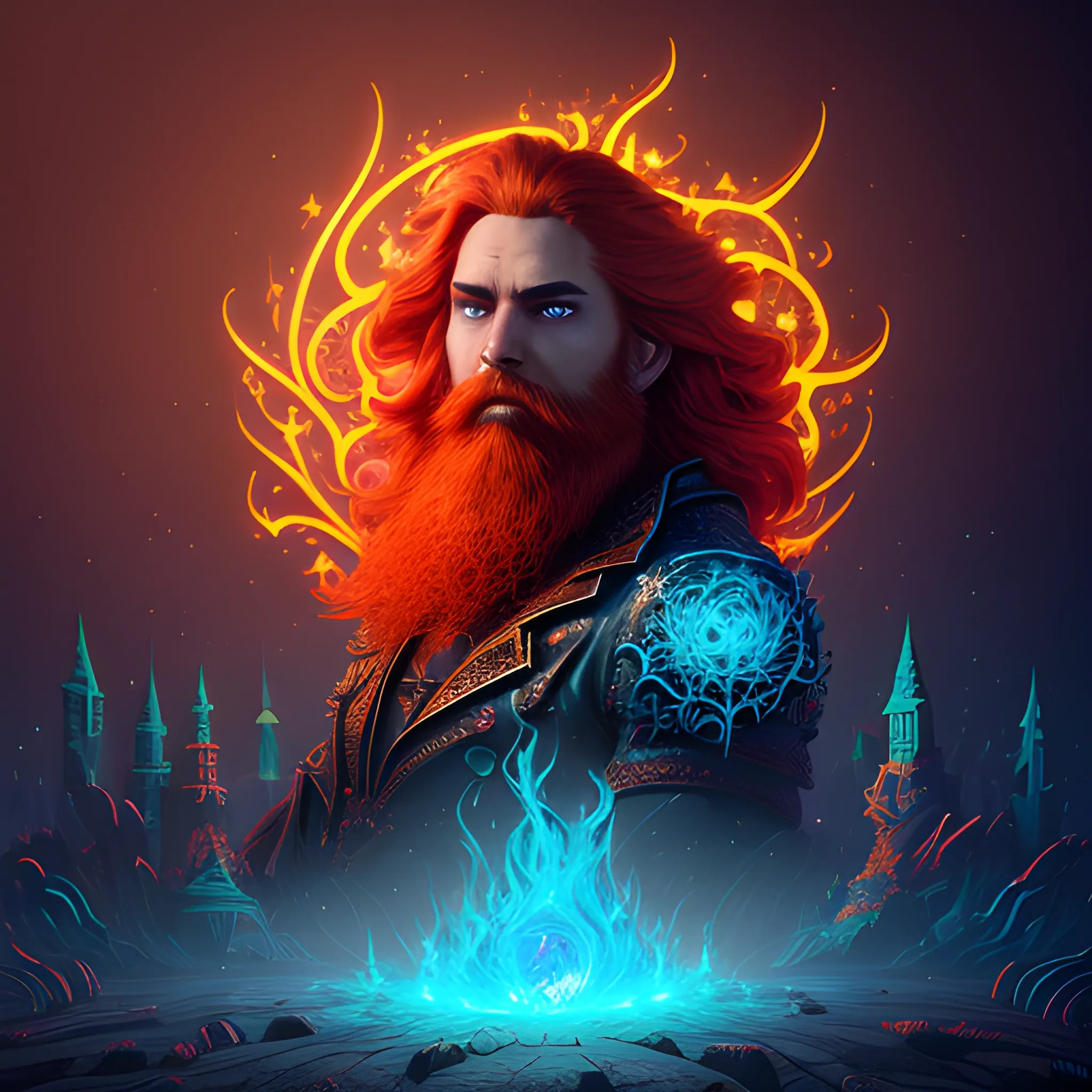 fire, long hair, beard, redhead, vilain, luminous colorful sparkles, ominous, eldritch, macabre, spooky; by James R. Eads, Gawki, rajewel, Tania Rivilis, Dan Mumford, glitter, airbrush, Octane Render, elegant, volumetric lighting, 16k; detailed matte painting, deep color, fantastical, intricate detail, splash screen, complementary colors, fantasy concept art, 8k resolution trending on Artstation Unreal Engine 5, 