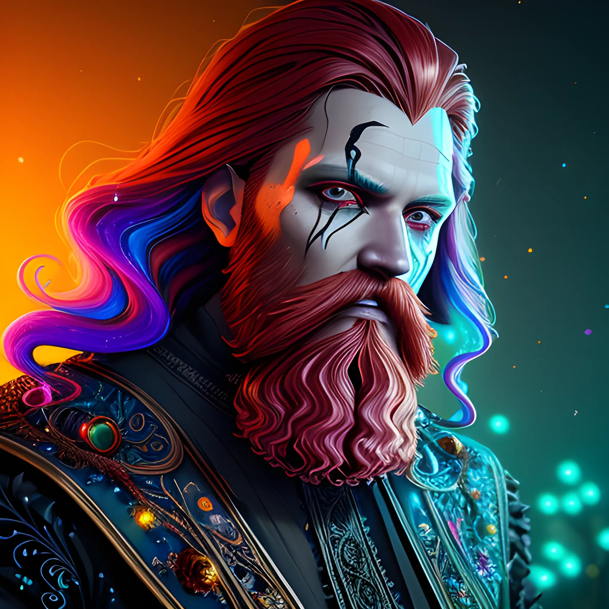 long hair, beard, redhead, vilain, luminous colorful sparkles, ominous, eldritch, macabre, spooky; by James R. Eads, Gawki, rajewel, Tania Rivilis, Dan Mumford, glitter, airbrush, Octane Render, elegant, volumetric lighting, 16k; detailed matte painting, deep color, fantastical, intricate detail, splash screen, complementary colors, fantasy concept art, 8k resolution trending on Artstation Unreal Engine 5, 