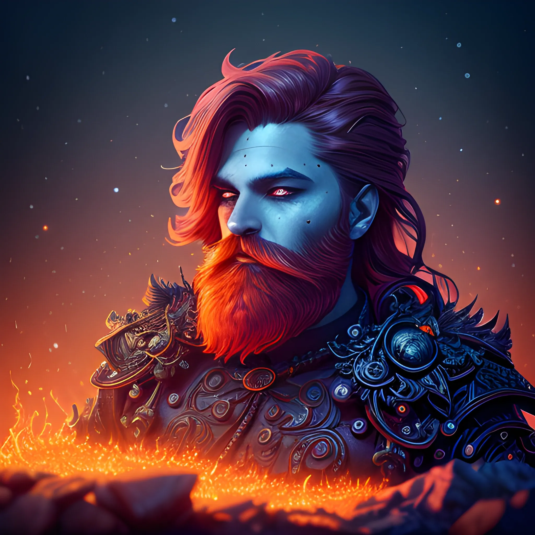 fire, long hair, beard, redhead, vilain, luminous colorful sparkles, ominous, eldritch, macabre, spooky; by James R. Eads, Gawki, rajewel, Tania Rivilis, Dan Mumford, glitter, airbrush, Octane Render, elegant, volumetric lighting, 16k; detailed matte painting, deep color, fantastical, intricate detail, splash screen, complementary colors, fantasy concept art, 8k resolution trending on Artstation Unreal Engine 5, 