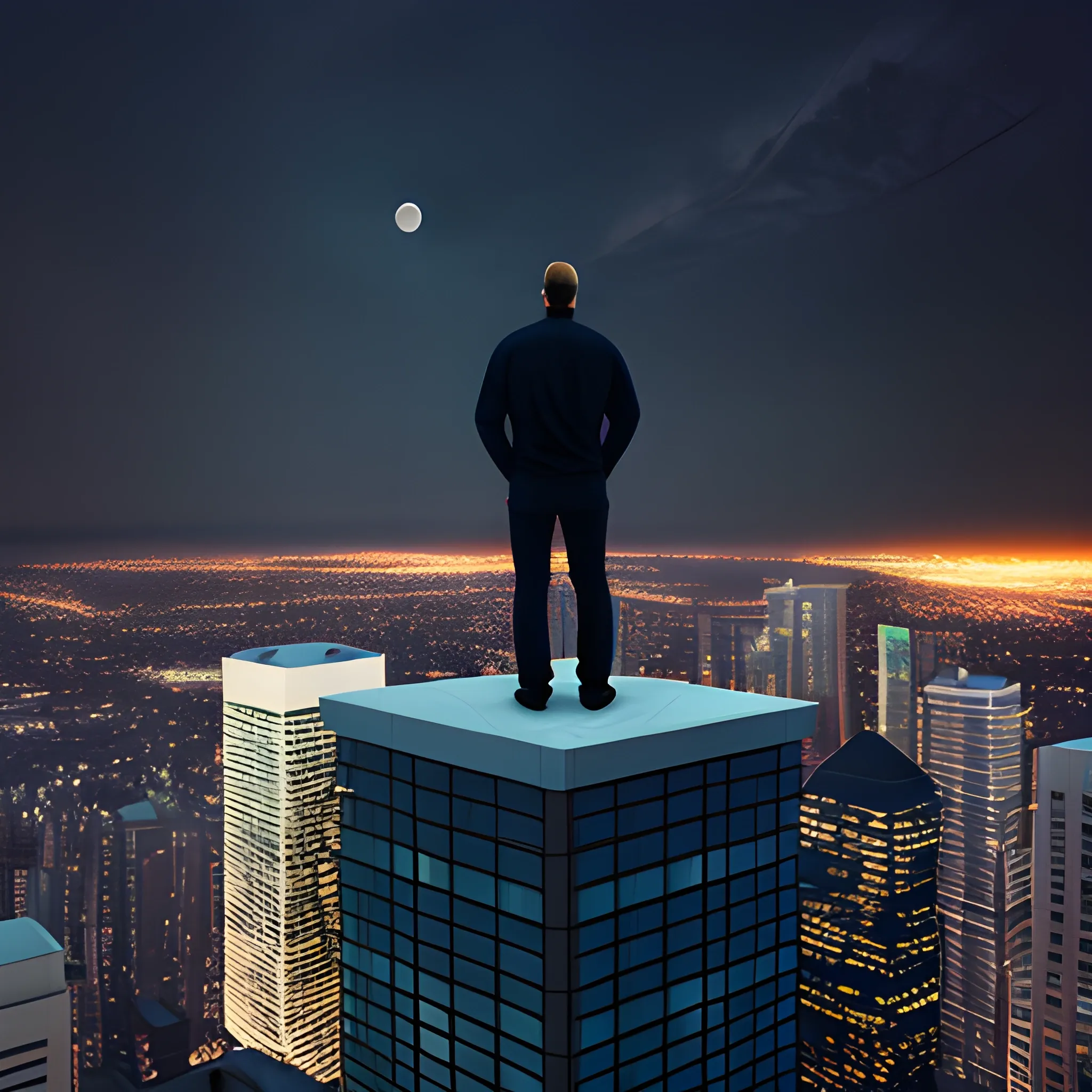 man on top of a skyscraper looking towards the moon, on a night of red lightning in a dark sky full of stars, 3D