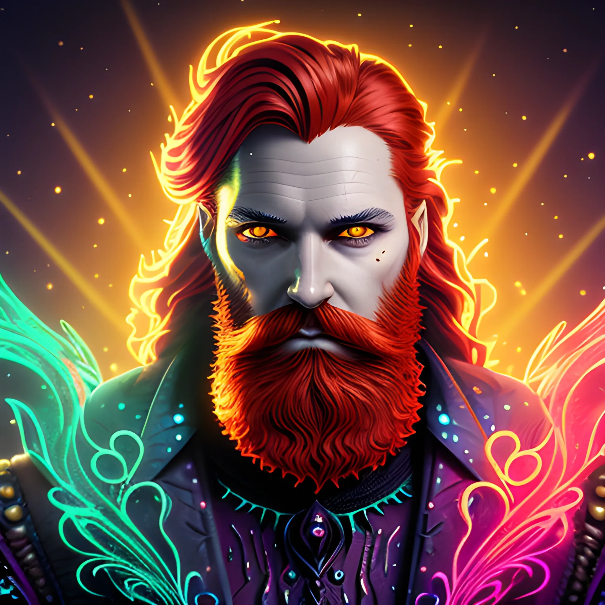 long hair, beard, redhead, vilain, luminous colorful sparkles, ominous, eldritch, macabre, spooky; by James R. Eads, Gawki, rajewel, Tania Rivilis, Dan Mumford, glitter, airbrush, Octane Render, elegant, volumetric lighting, 16k; detailed matte painting, deep color, fantastical, intricate detail, splash screen, complementary colors, fantasy concept art, 8k resolution trending on Artstation Unreal Engine 5, 