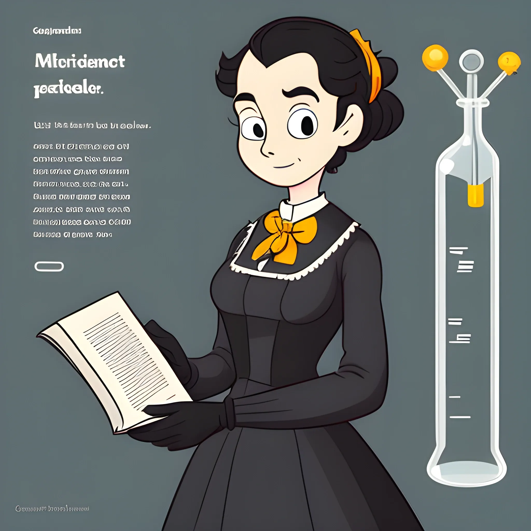 Generate an illustration of a character for a video game with the visual style of Cuphead. This character is a woman with short, dark hair, she wears a long dress from the Victorian era with dark but elegant colors. He wears long gloves and holds a test tube in one hand while holding a book with the other. His facial expression shows determination and wisdom. Make sure their overall appearance suggests intelligence and a connection to science. Avoid any direct references to Marie Curie or specific elements of her life., Cartoon