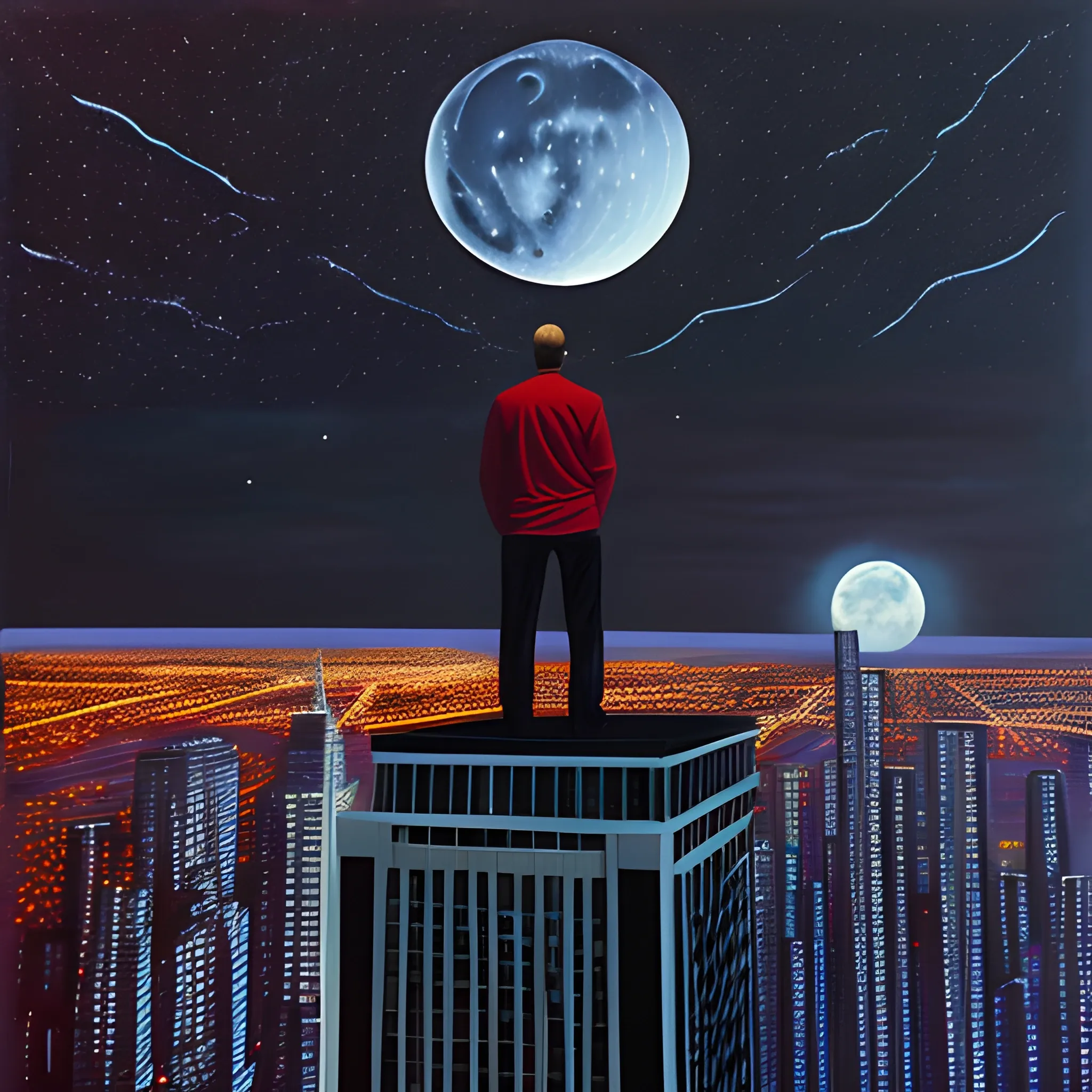 man on top of a skyscraper looking towards the moon, on a night of red lightning in a dark sky full of stars, 3D, Oil Painting, Trippy