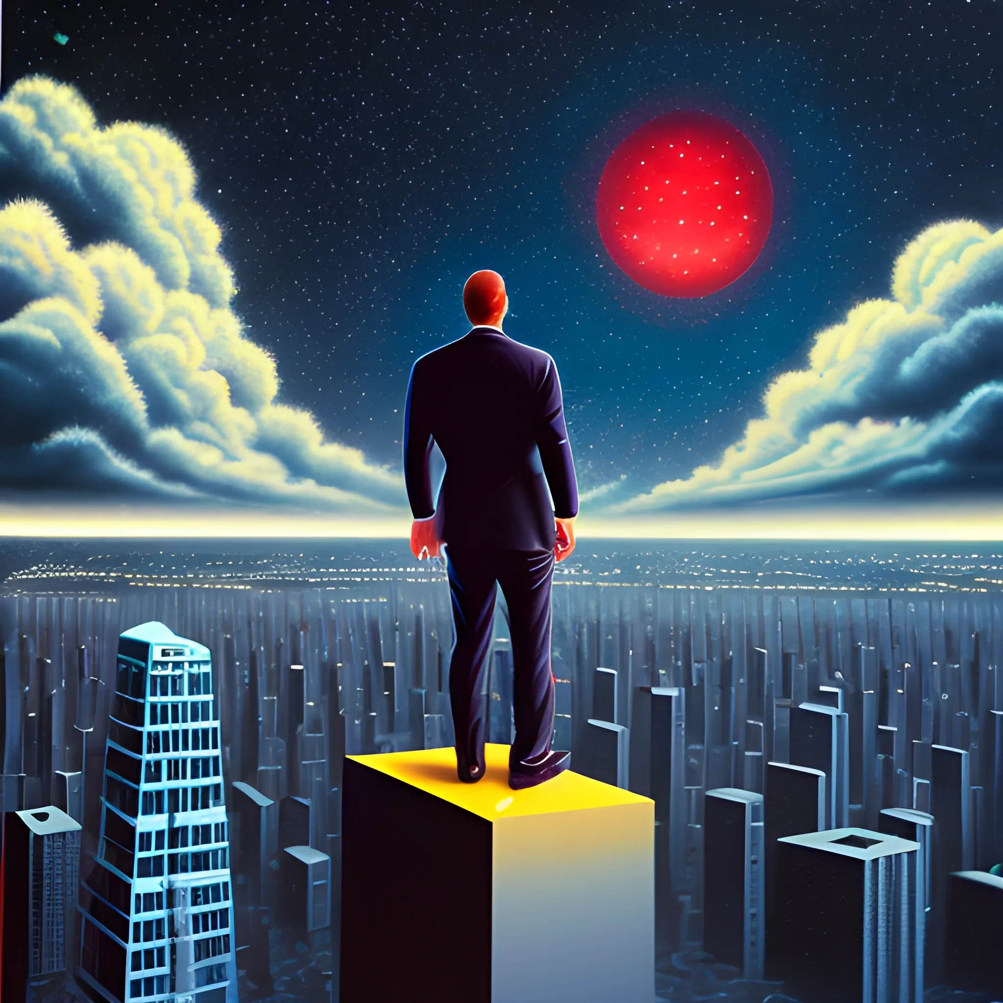 man on top of a skyscraper looking towards the moon, on a night of red lightning in a dark sky full of stars, 3D, Oil Painting, Trippy, Cartoon