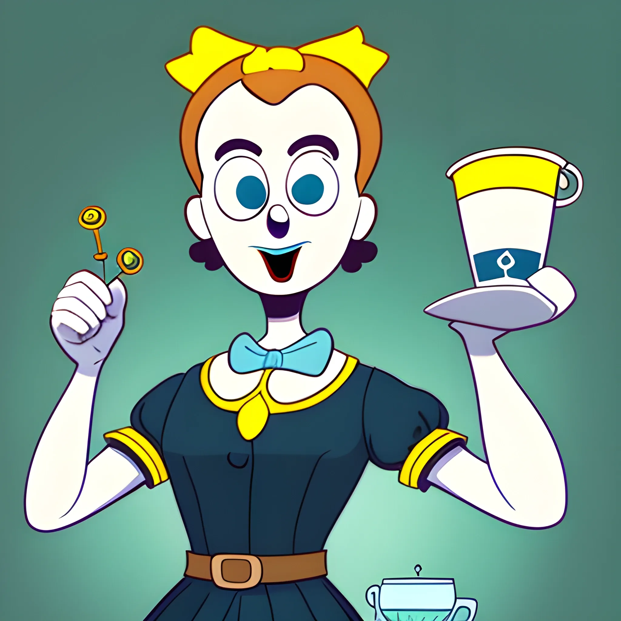 Draw Marie Curie in Cuphead style with a full body focus. Make sure the image clearly shows his feet to his head. Marie Curie should be facing to the right, but her body should be facing the viewer, creating a frontal perspective. Pay special attention to Cuphead-style details, such as the distinctive lines and outlines, as well as the vibrant color palette characteristic of this animation style. The pose and facial expression should reflect the determination and curiosity that Marie Curie personified in her life. Avoid decorations or elements that do not fit the Cuphead style, keeping the illustration faithful to the aesthetics of that animated universe. Have fun creating this unique combination of story and visual style!