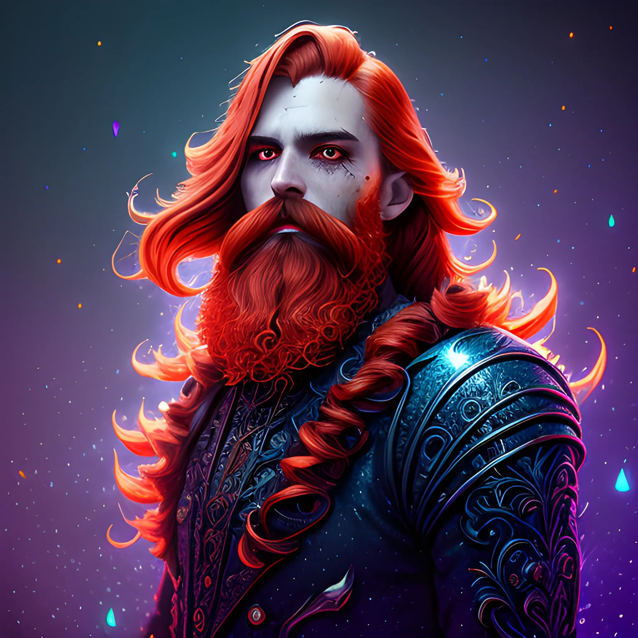 long hair, beard, redhead, vilain, luminous colorful sparkles, ominous, eldritch, macabre, spooky; by James R. Eads, Gawki, rajewel, Tania Rivilis, Dan Mumford, glitter, airbrush, Octane Render, elegant, volumetric lighting, 16k; detailed matte painting, deep color, fantastical, intricate detail, splash screen, complementary colors, fantasy concept art, 8k resolution trending on Artstation Unreal Engine 5, 