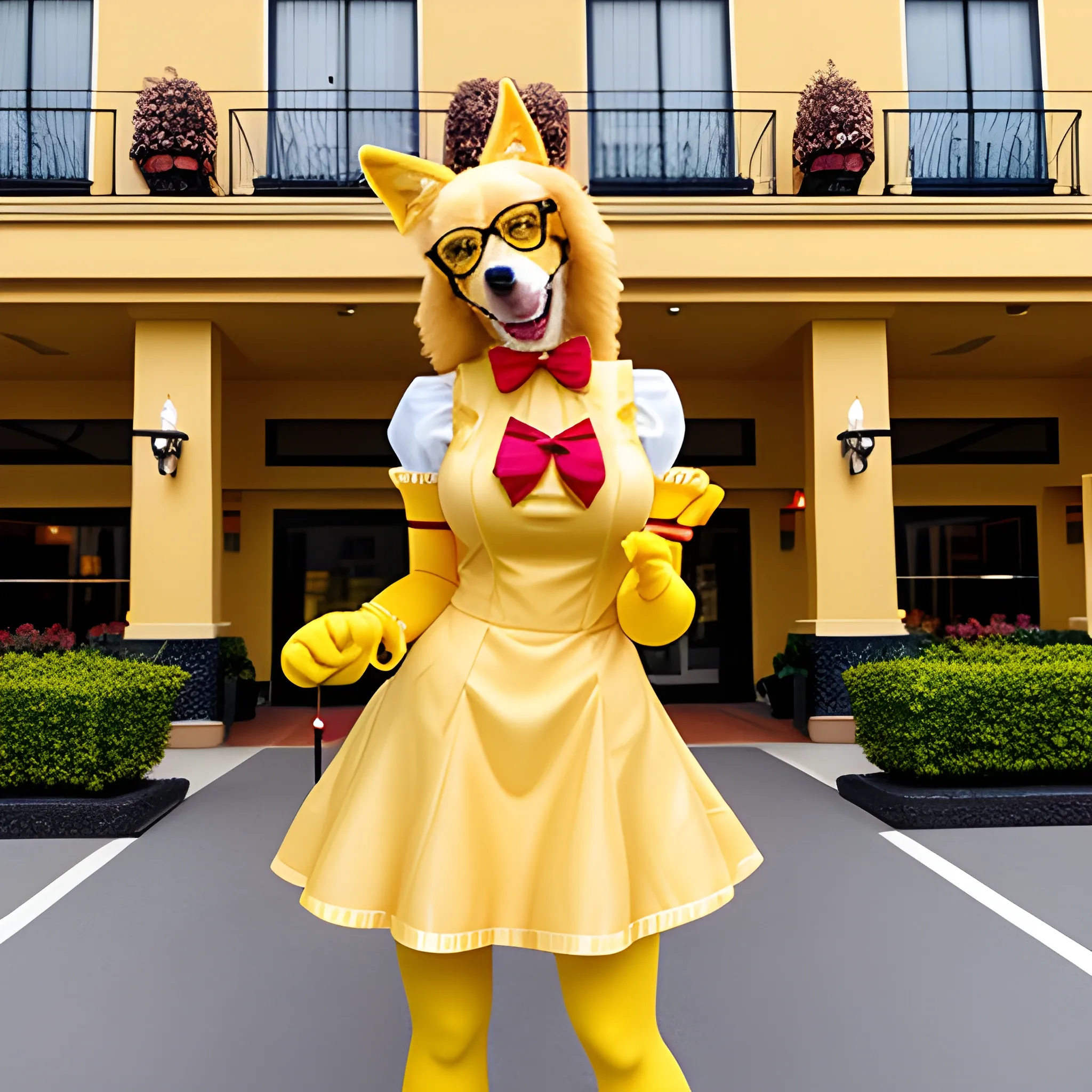 yellow retriever fursuiter girl in maid outfit in front of a hotel with red bow in hair with glasses and blushing cute Fluffy tail holding a shimmering golden collar in her right hand