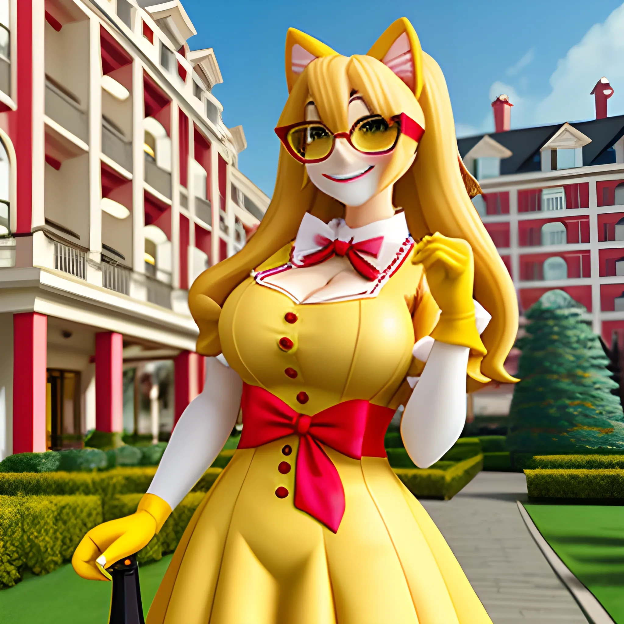 yellow retriever fursuiter girl in maid outfit in front of a hotel with red bow in hair with glasses and blushing cute Fluffy tail holding a shimmering golden collar in her right hand, 3D, Cartoon