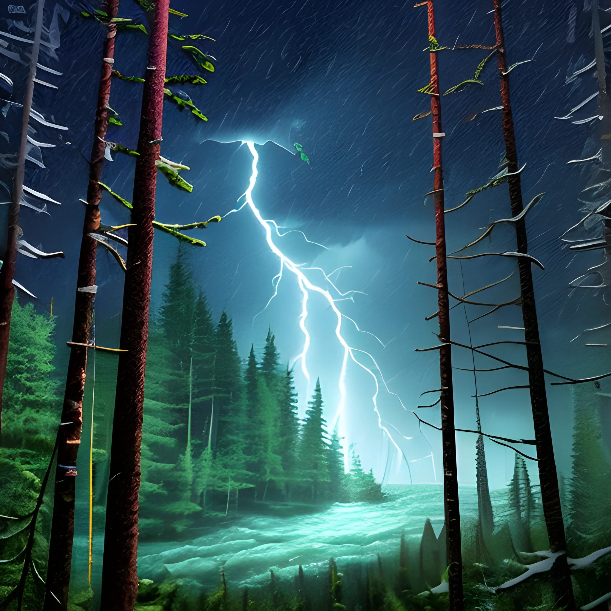 It is night and a cabin in the middle of the forest is hit by a strong storm. In the small window you can see a faint light coming from inside. The trees surround it and sway from the force of the storm., Water Color