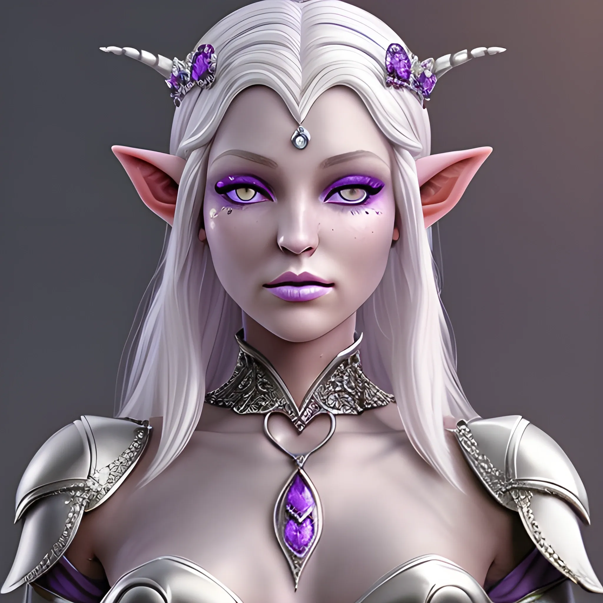 fantasy female elf with silver hair and purple eyes. Jeweled ears and body. Dewy skin, soft features queenly