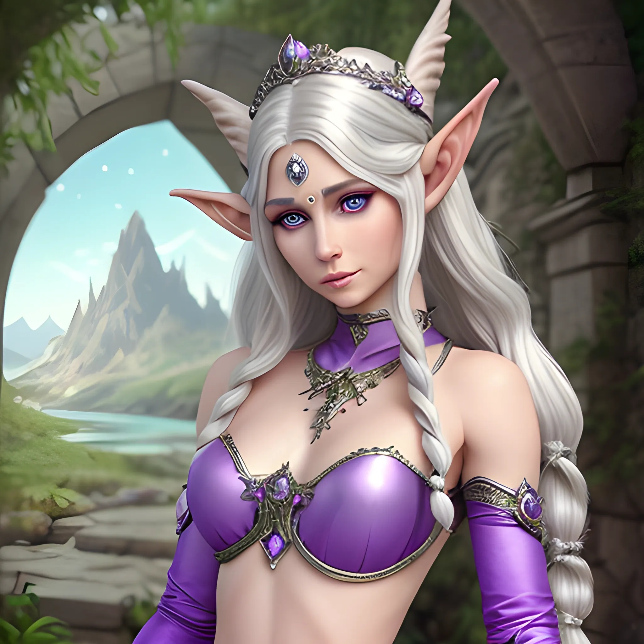 realistic fantasy female elf with long curling silver hair and purple eyes. Jeweled ears and body. Dewy skin, soft features queenly