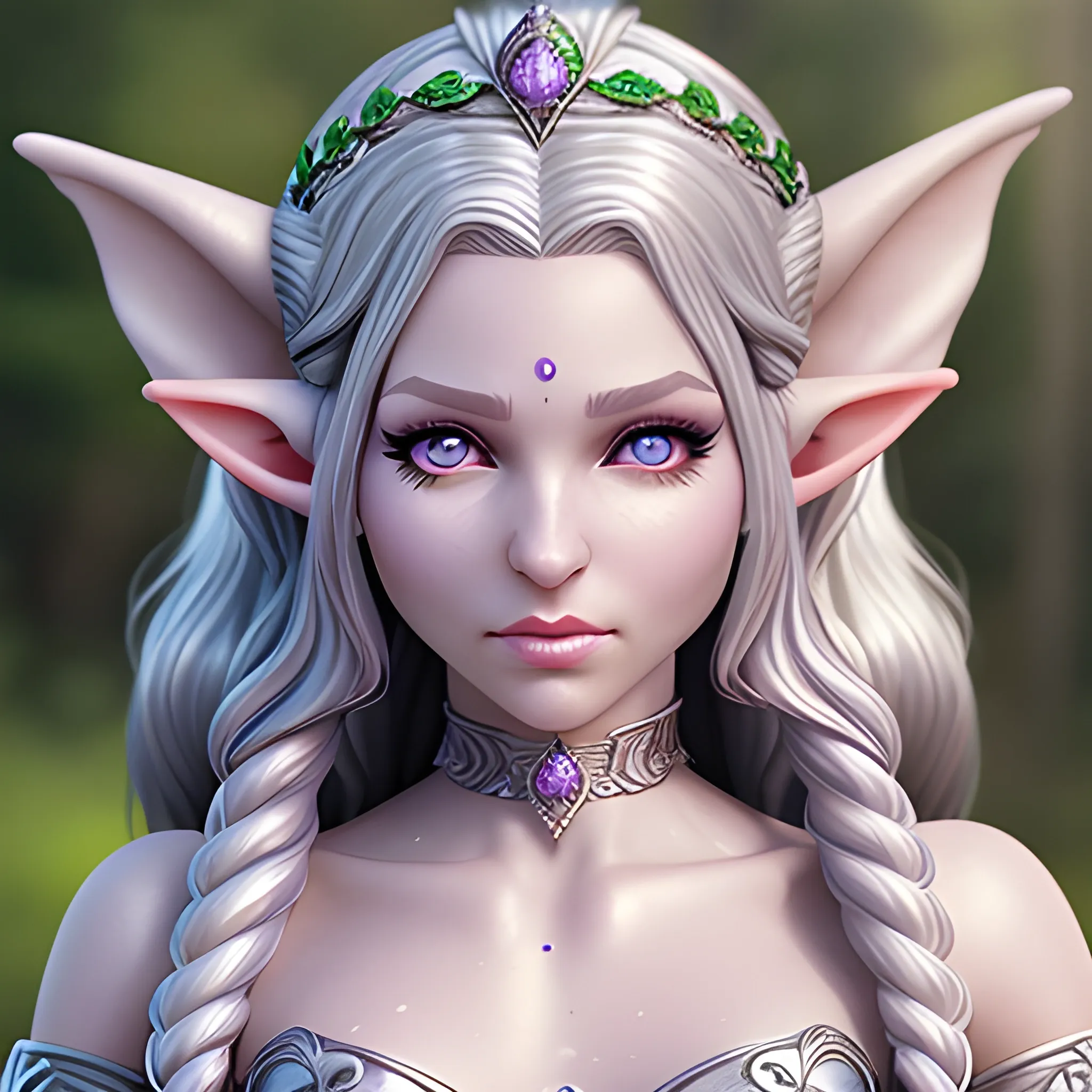 realistic female elf with long curling silver hair and purple eyes. Jeweled ears and body. Dewy skin, soft features queenly