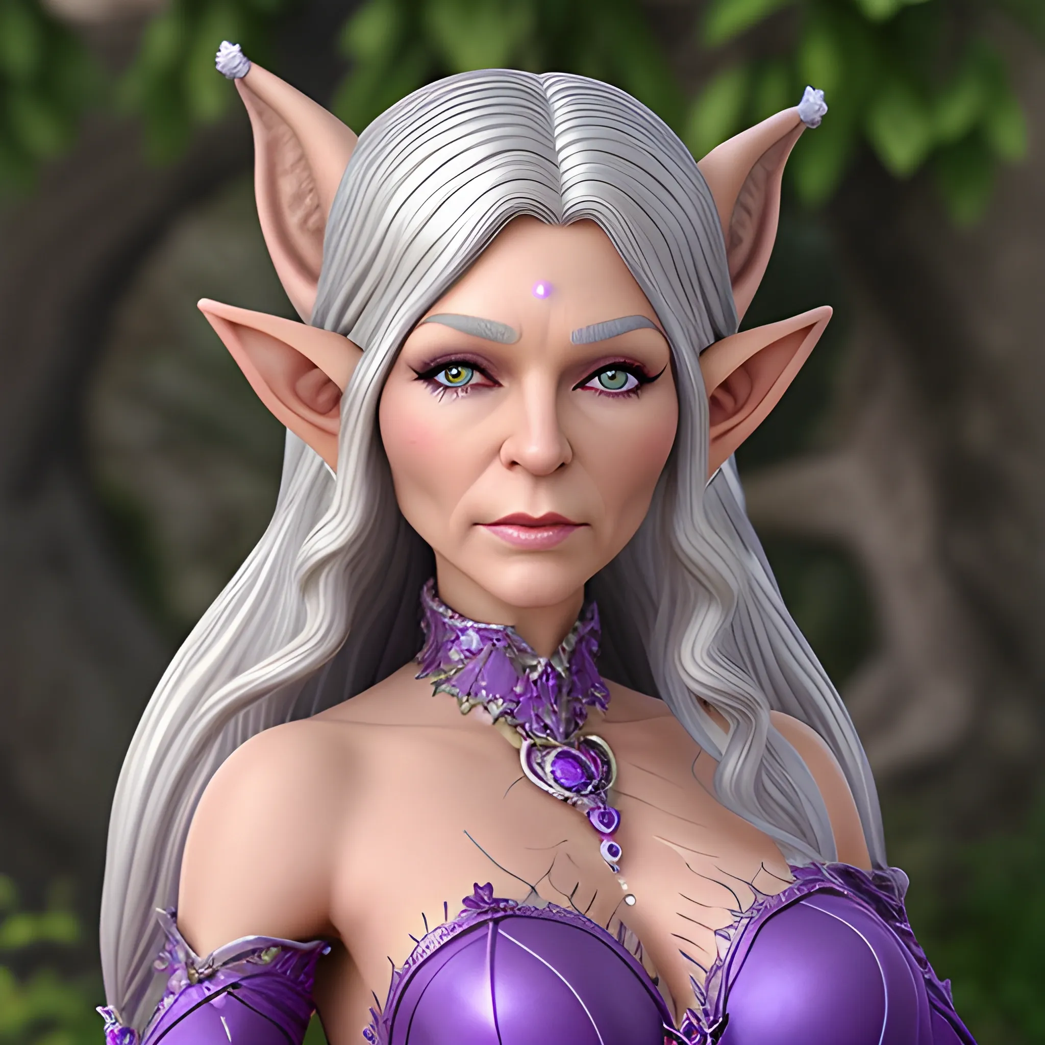 realistic older female elf with long curling silver hair and purple eyes. Jeweled ears and body. Dewy skin, soft features queenly