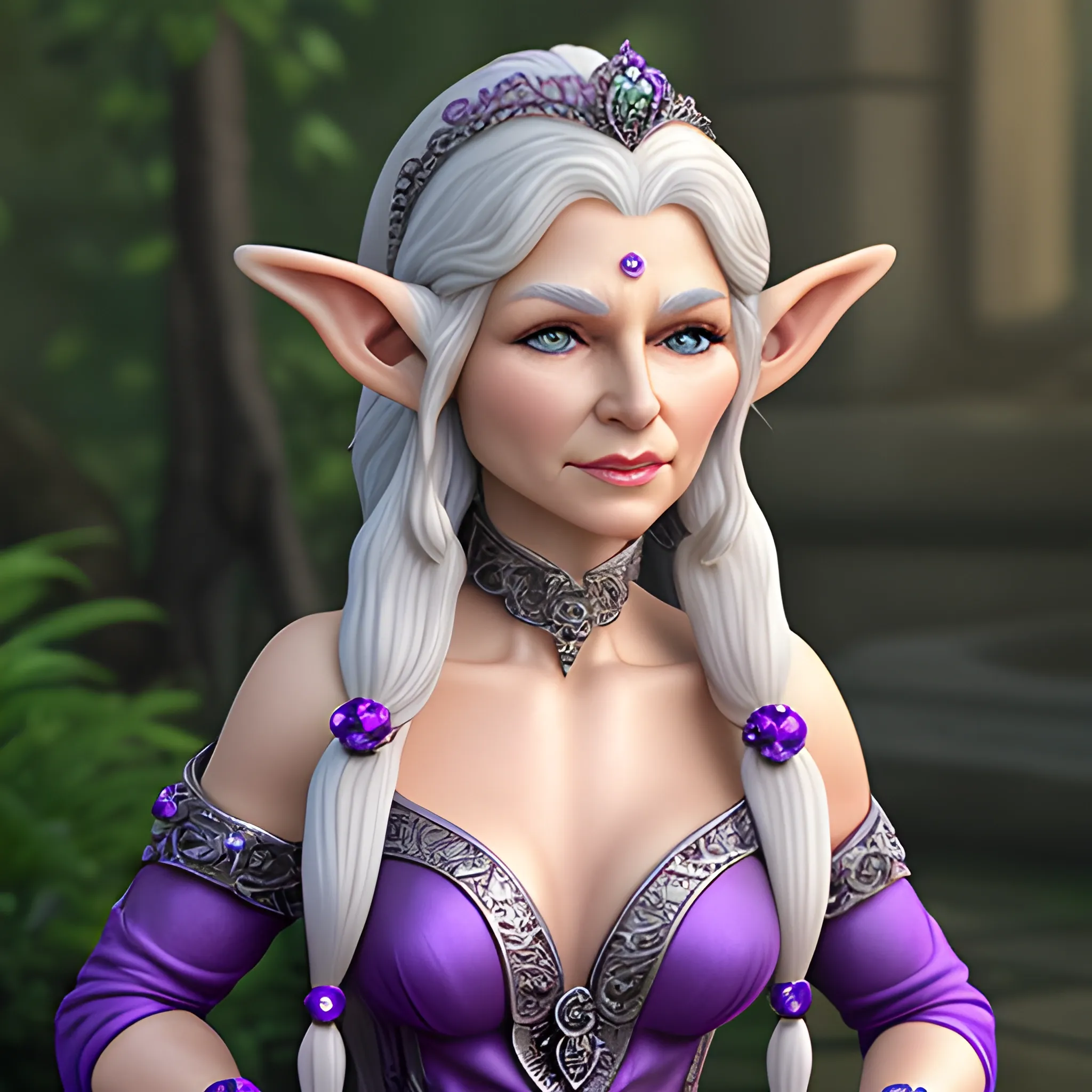 realistic older female elf with long curling silver hair and purple eyes. Jeweled ears and body. Dewy skin, soft features queenly