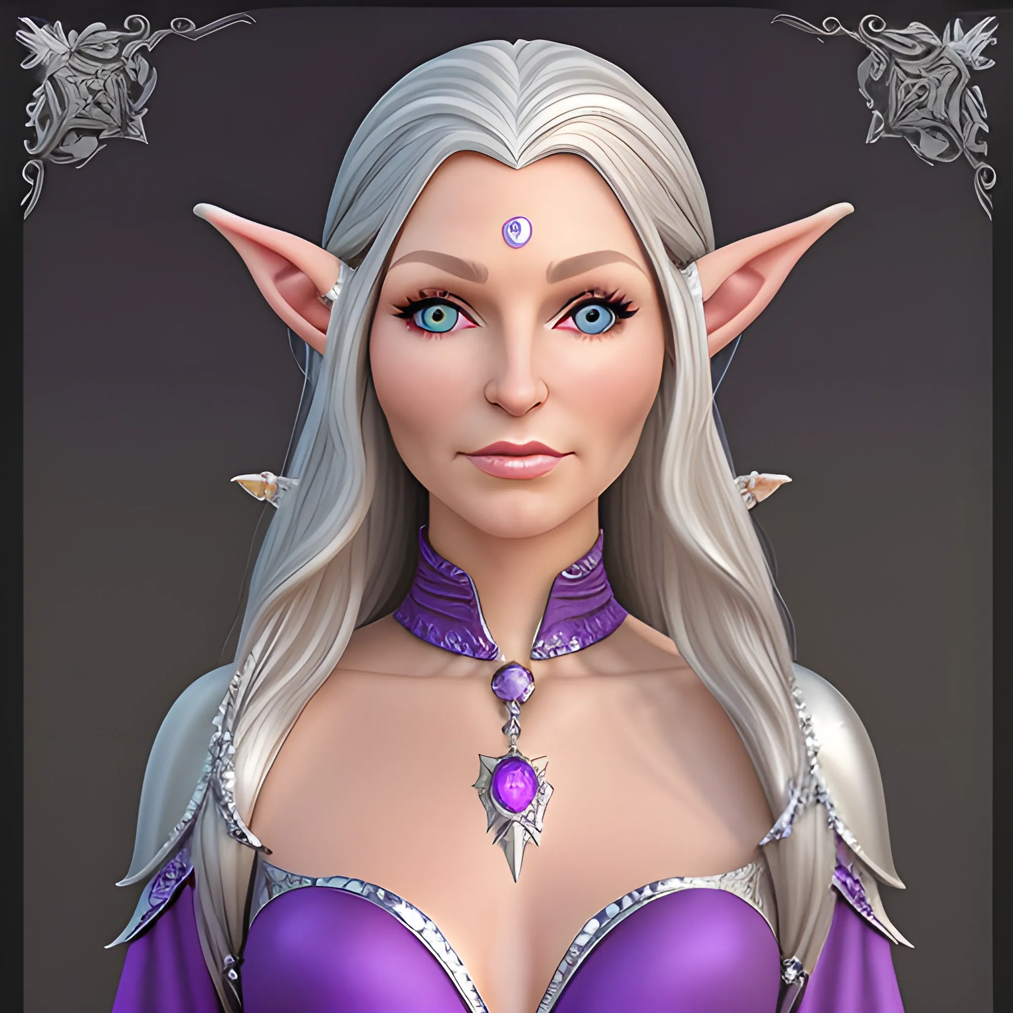 realistic slightly older female elf with long curling silver hair and purple eyes. Jeweled ears and body. Dewy skin, soft features queenly