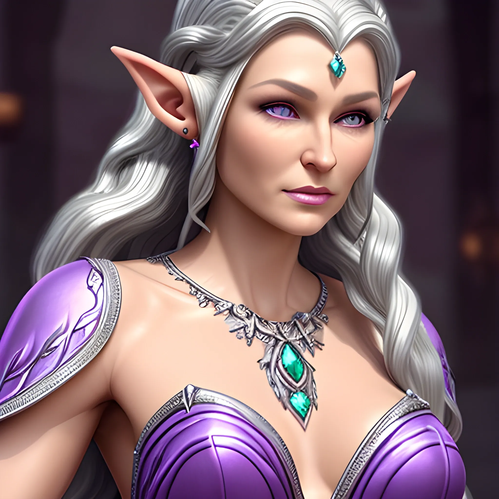 realistic slightly older female elf with long curling silver hair and purple eyes. Jeweled ears and body. Dewy skin, soft features. Queen bejeweled