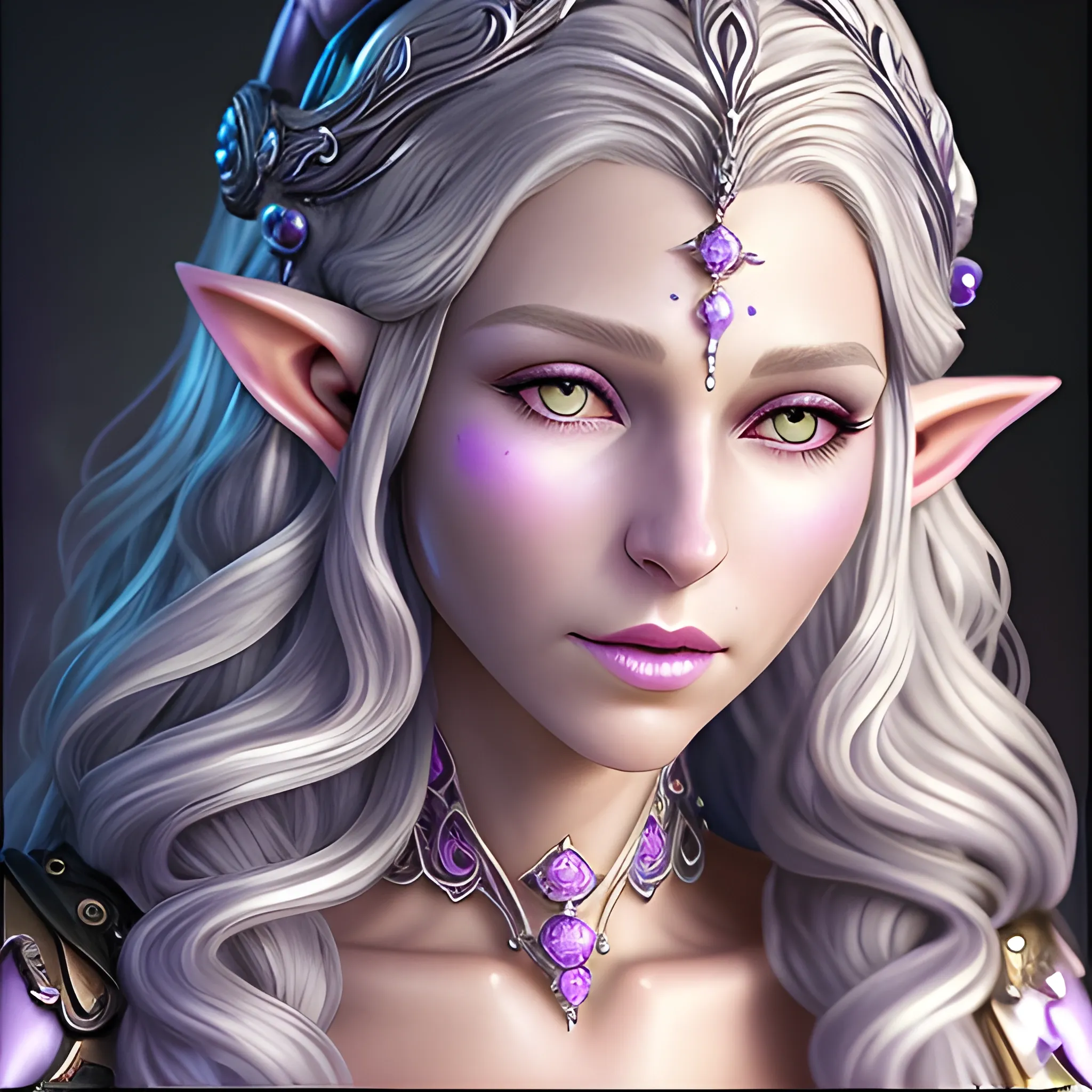 fantasy slightly older female elf with long curling silver hair and purple eyes. Jeweled ears and body. Dewy skin, soft features. Queen bejeweled portrait 
