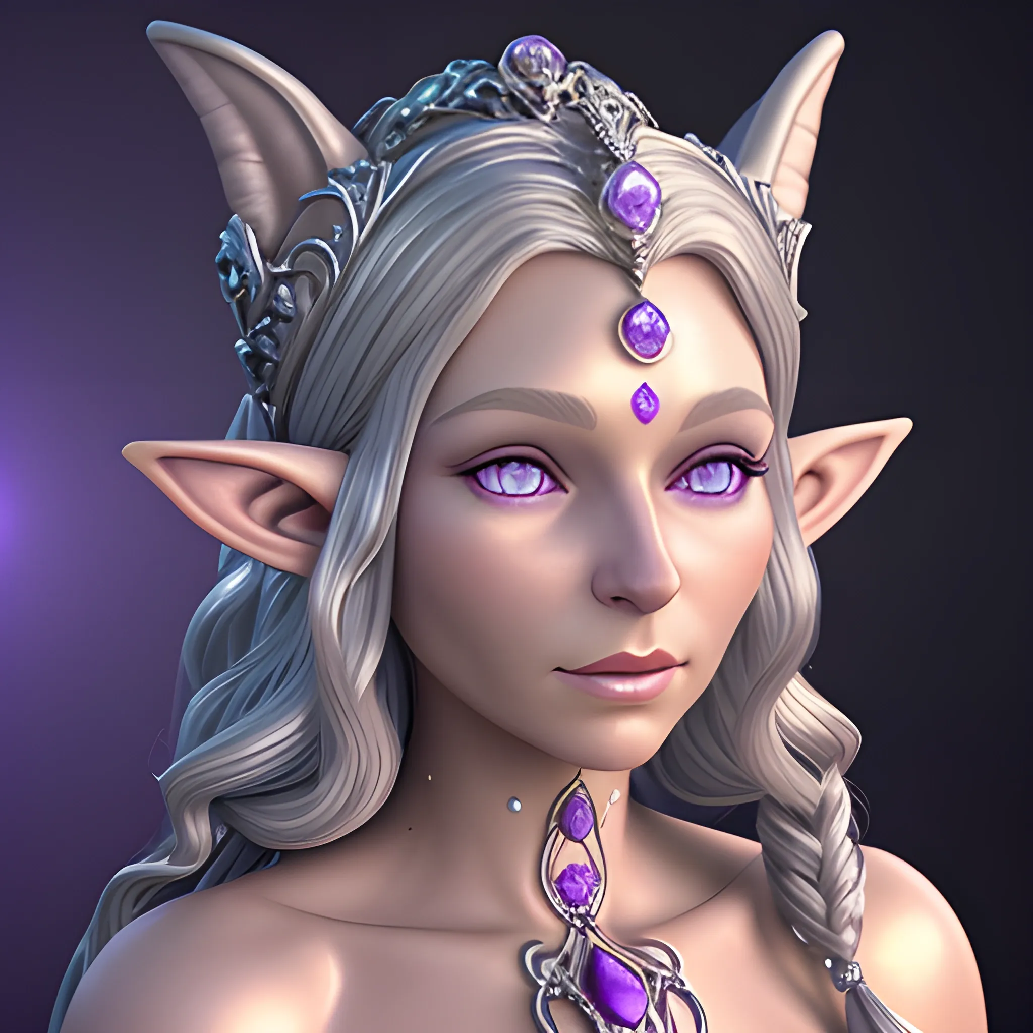 fantasy slightly older female elf with long curling silver hair and purple eyes. Jeweled ears and body. Dewy skin, soft features. Queen bejeweled portrait 
, 3D
