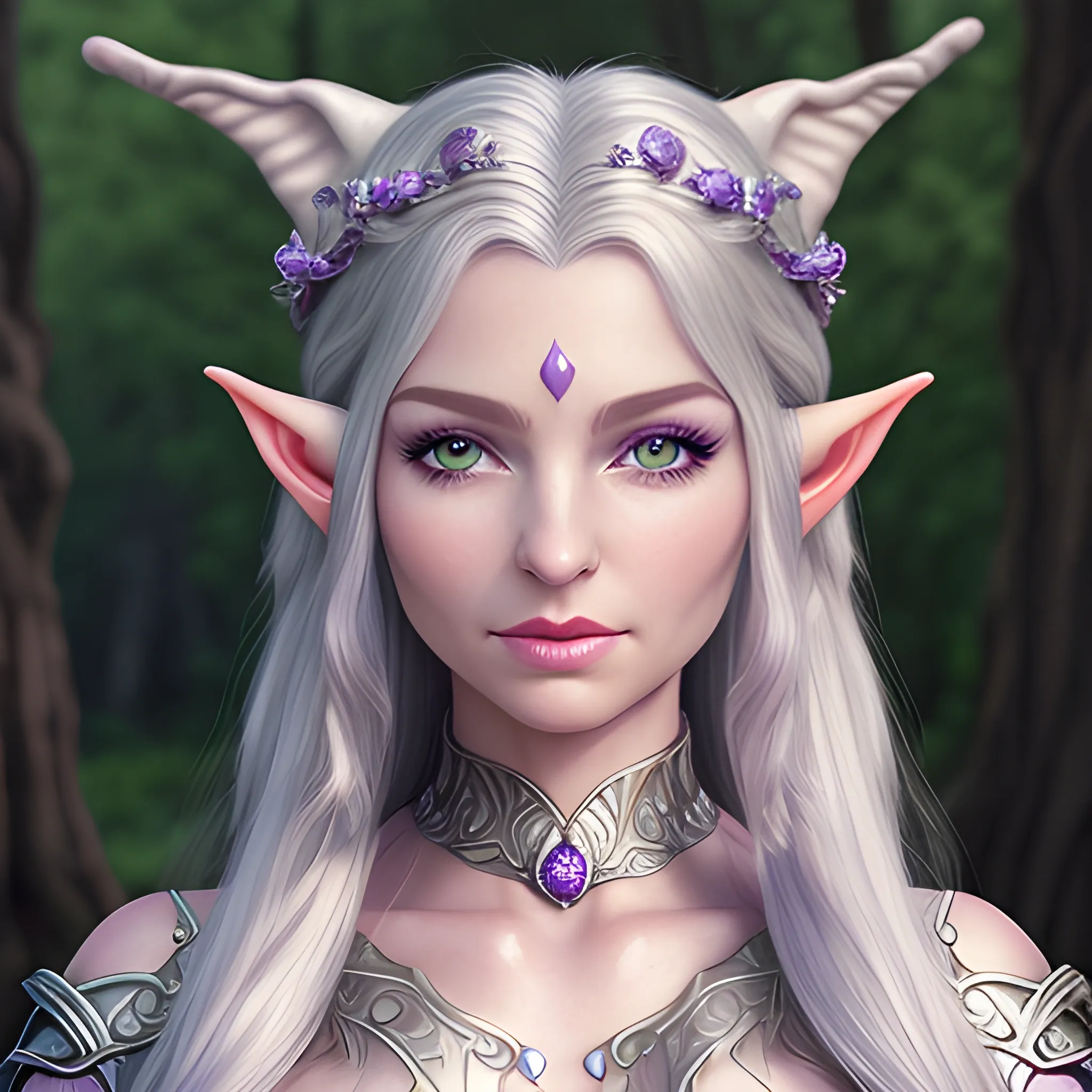 realistic female elf portrait with long curling silver hair and purple eyes. Jeweled ears and body. Dewy skin, soft features queenly