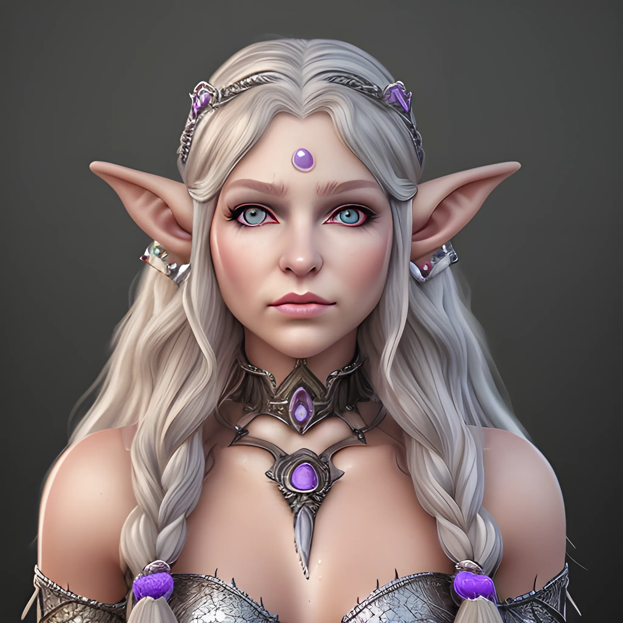 realistic, female elf, portrait, with long curling silver hair and purple eyes. Jeweled ears and body. Dewy skin, soft features queenly