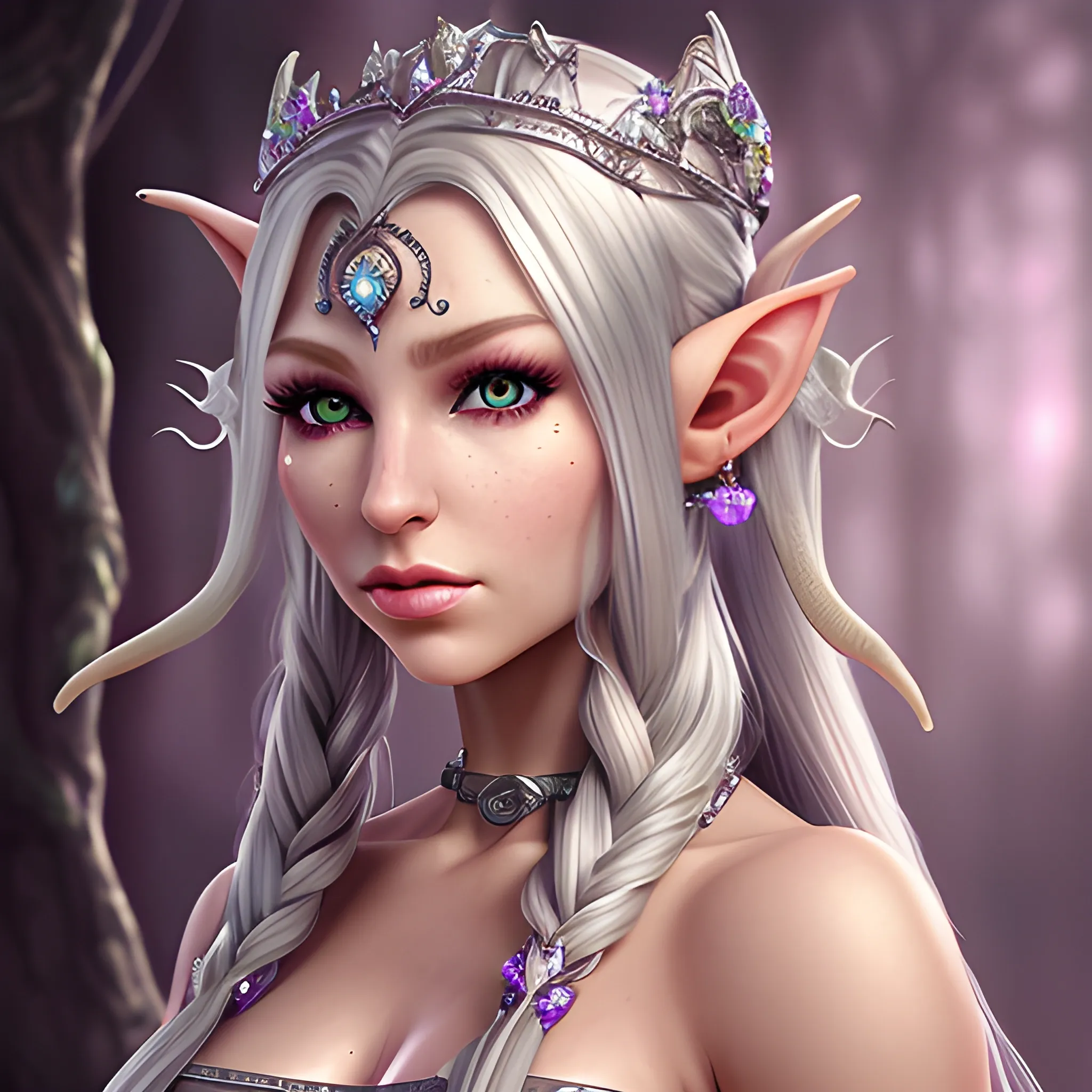 realistic, female elf, portrait, with long curling silver hair, purple eyes. Jeweled ears. jeweled body, Dewy skin, soft features queenly