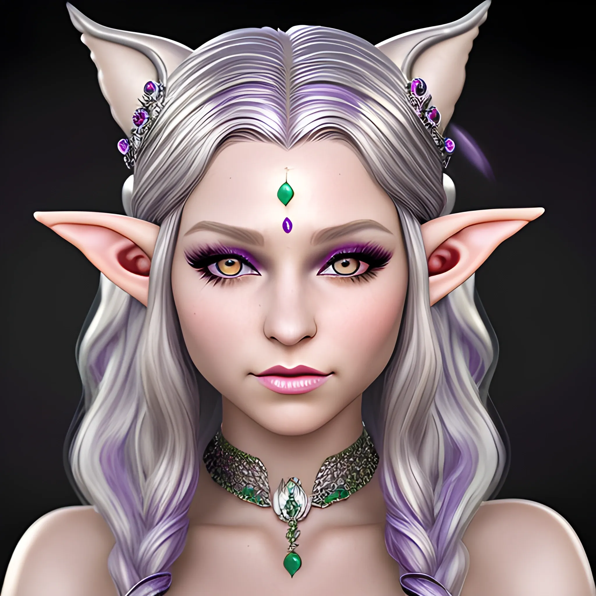 realistic, female elf, portrait, purple eyes, long curling silver hair, Jeweled ears. jeweled body, Dewy skin, soft features queenly