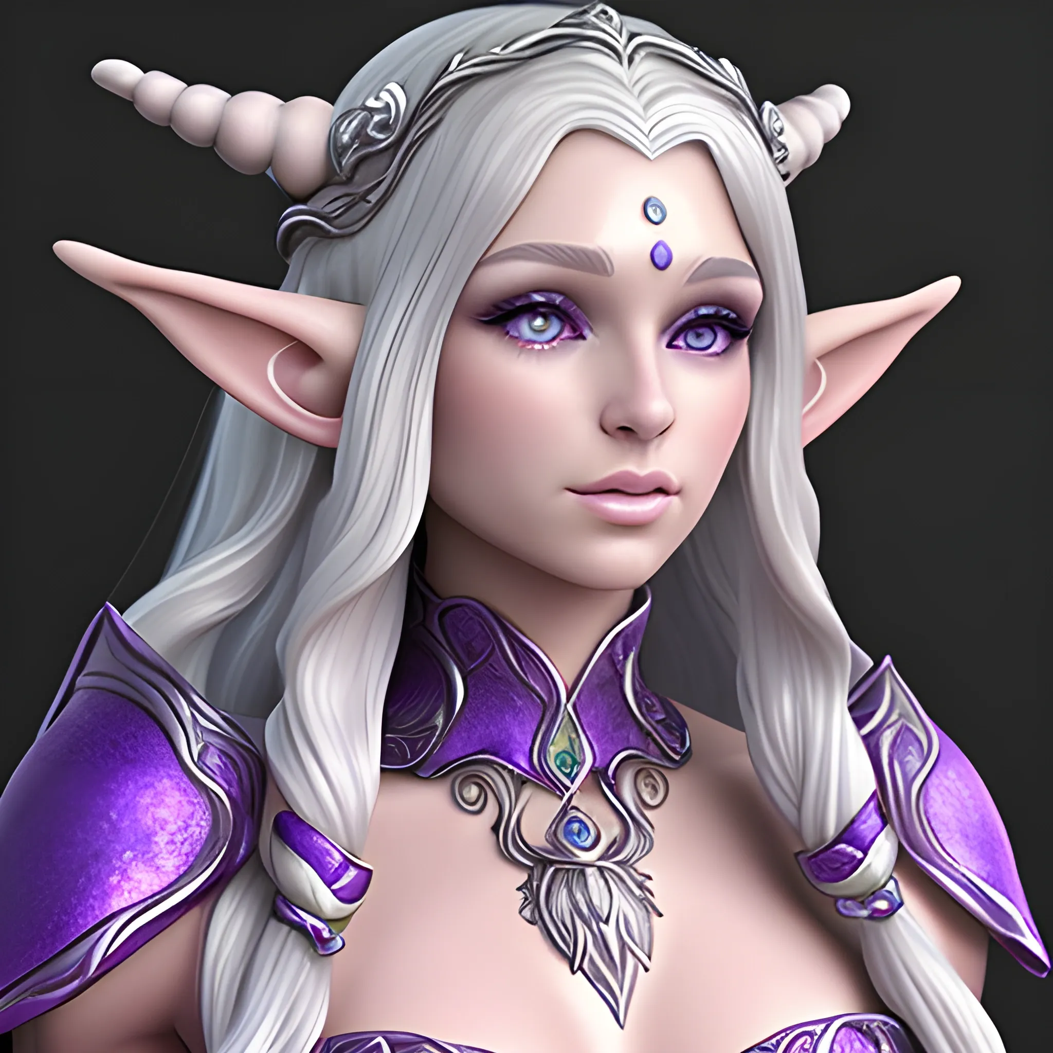 female elf with long curling silver hair and purple eyes. Jeweled ears and body. Dewy skin, soft features, queen, princess