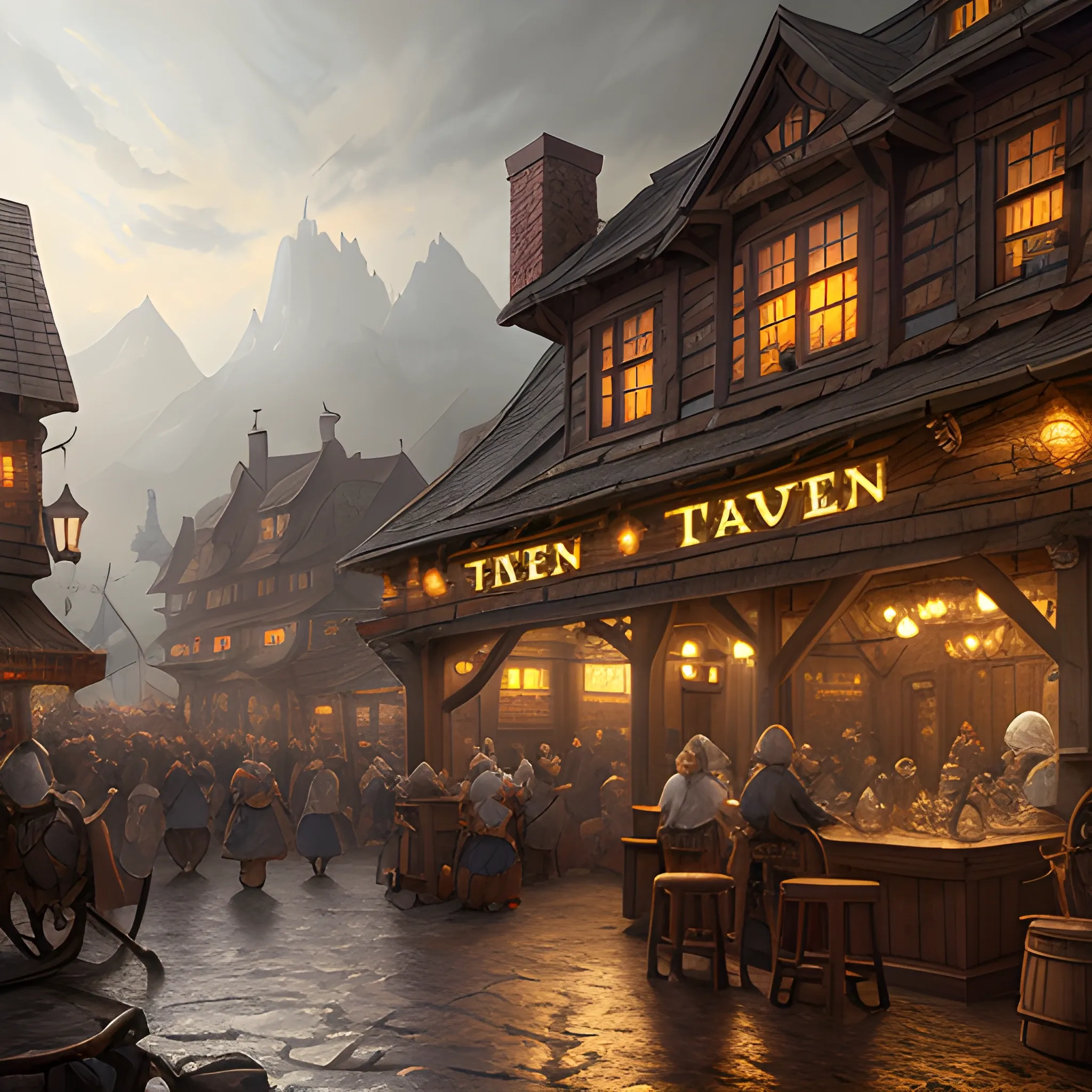 tavern, a lot of people, dangerous tavern, 8k, high resolution, high quality, photorealistic, hyperrealistic, detailed, detailed matte painting, deep color, fantastical, intricate detail, splash screen, complementary colors, fantasy concept art, 8k resolution trending on Artstation Unreal Engine