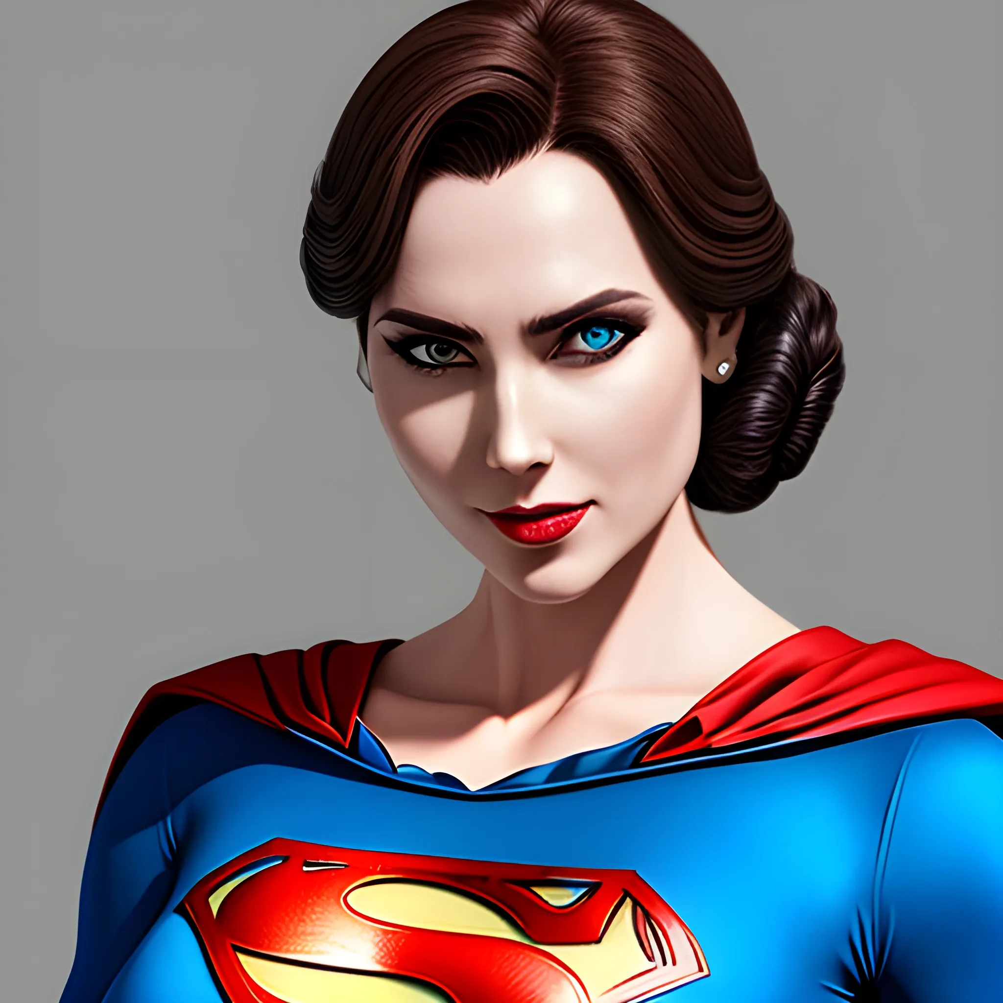 An elegant lady wearing a Superman costume, eye-catching detail, realistic ultra-detailed