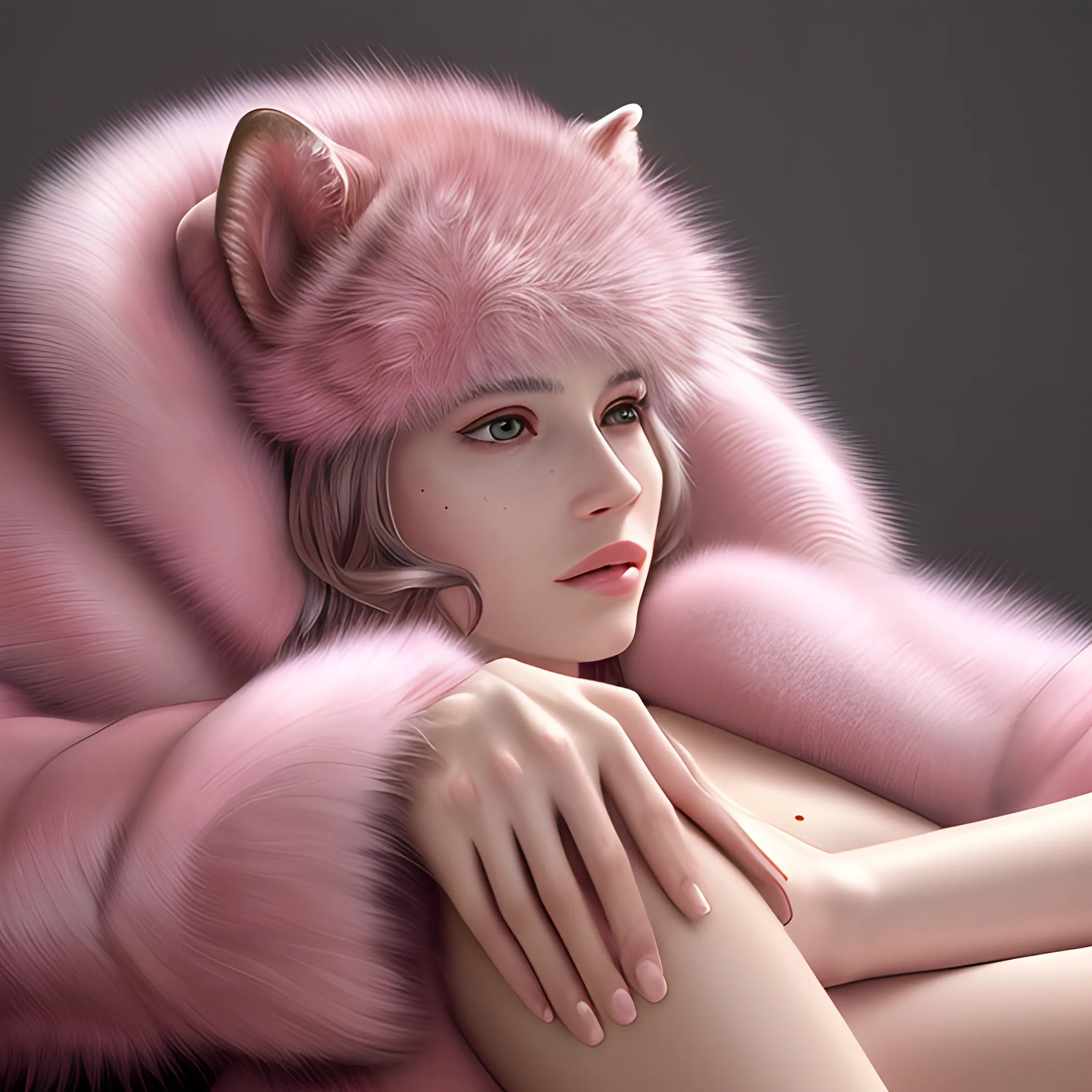 best quality, masterpiece, ultra high res, photorealistic, detailed skin, pink fur coat, lounging