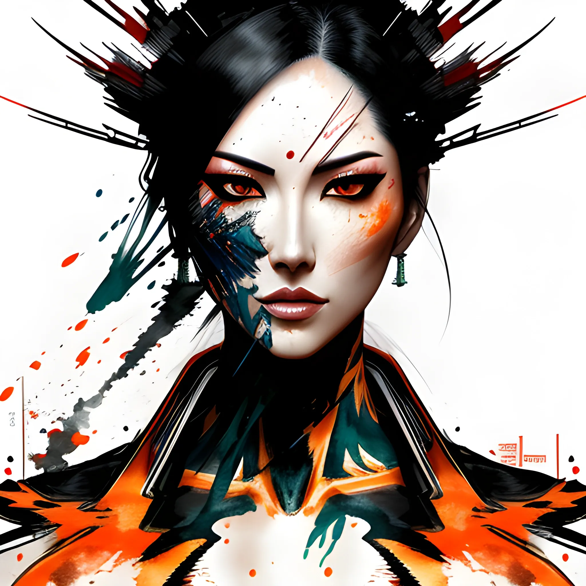 face portrait of MeiyuCipher 1girl orange spike aura in motion, damaged chinese clothes, floating pieces, trending on artstation, sharp focus, intricate details, highly detailed, detailed face (ink and watercolor painting, brushstrokes, by Russ Mills and Yoji Shinkawa) best quality, absurdres, (negative space) , <lora:GlowingRunesAIV3:0.5>